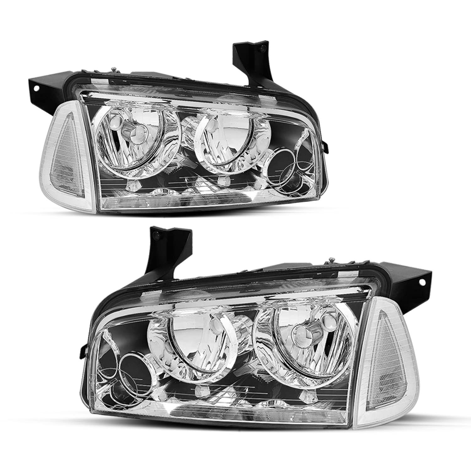 JSBOYAT 4Pcs Headlight Assembly Compatible with 2006-2010 Dodge Charger - Chrome Headlamp & Clear Corner Signal Lights (Driver & Passenger Side) - Perfect for Night Driving & Car Upgrades
