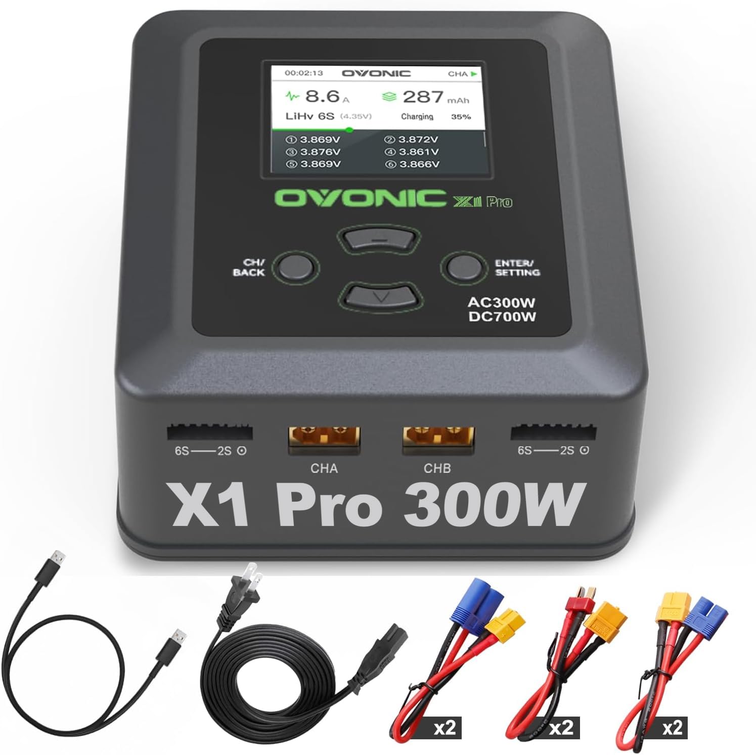OVONIC X1 Pro Dual RC Lipo Battery Balance Charger - 300W AC/700W DC Smart Fast Charger for 1s-6s Lipo, Life, NiCd, NiMH & LiHV Batteries | Sync Charging Mode | Perfect for RC Cars, Drones & Airplanes