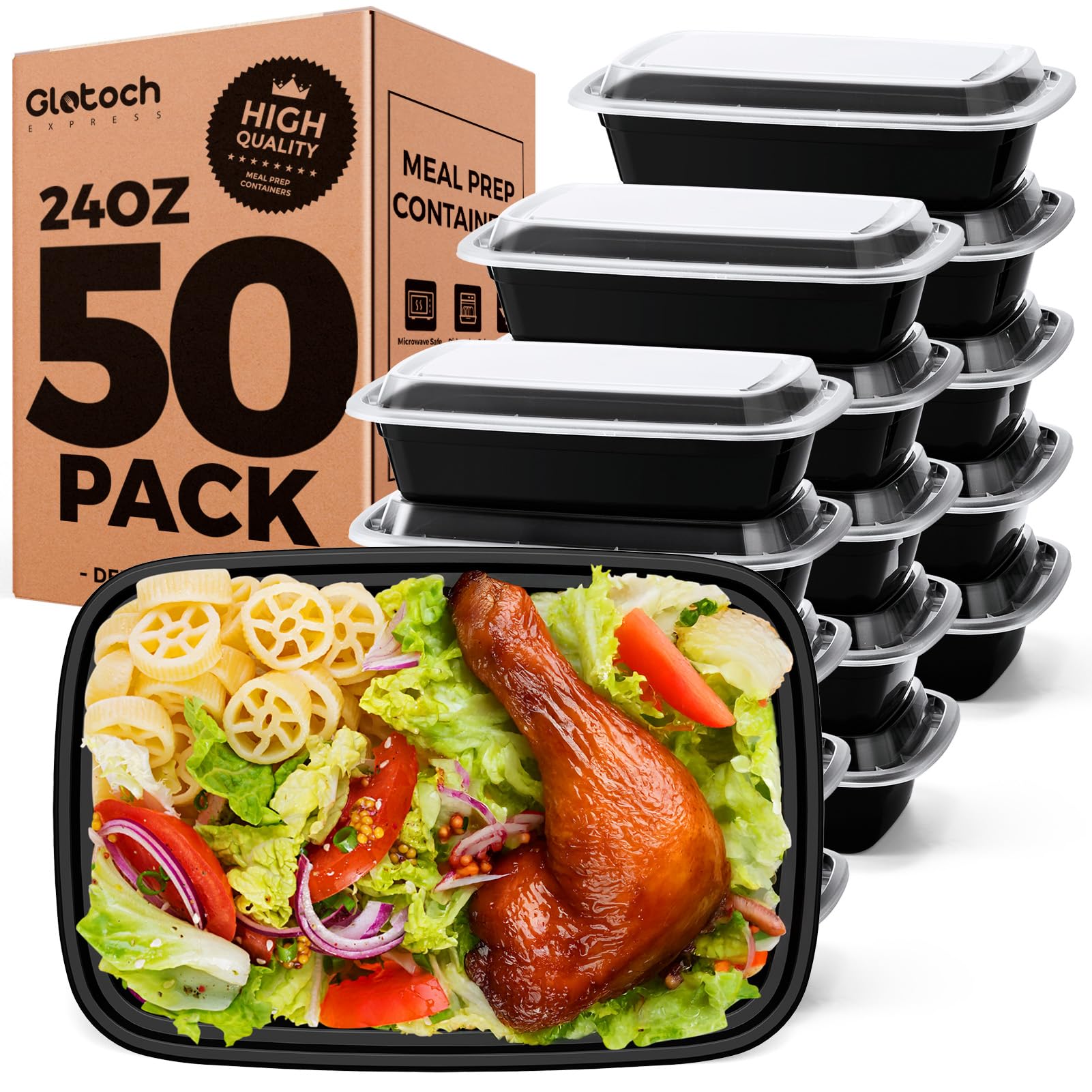 50-Pack 24 OZ Reusable Meal Prep Containers with Lids - Leakproof, Microwave, Freezer & Dishwasher Safe - BPA-Free Plastic Food Storage Containers for Meal Prepping, Leftovers, Takeout & Office Lunch - Black