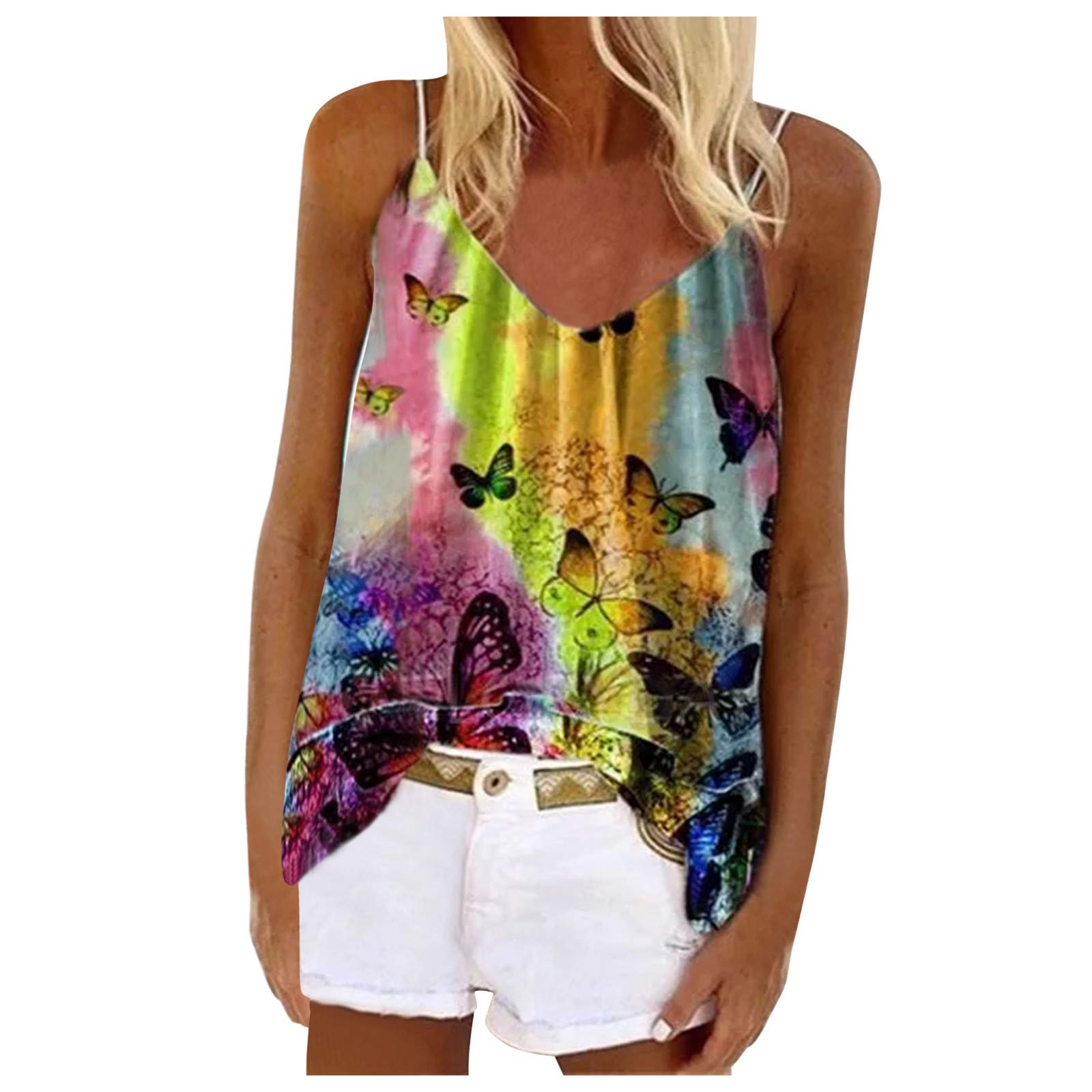 Women's Double Deck Tie Dye Print Cami Top - Butterfly Print Sleeveless Vest Camisole Tank Tops | Summer Casual Wear, Beach Outfits & Layering Essentials