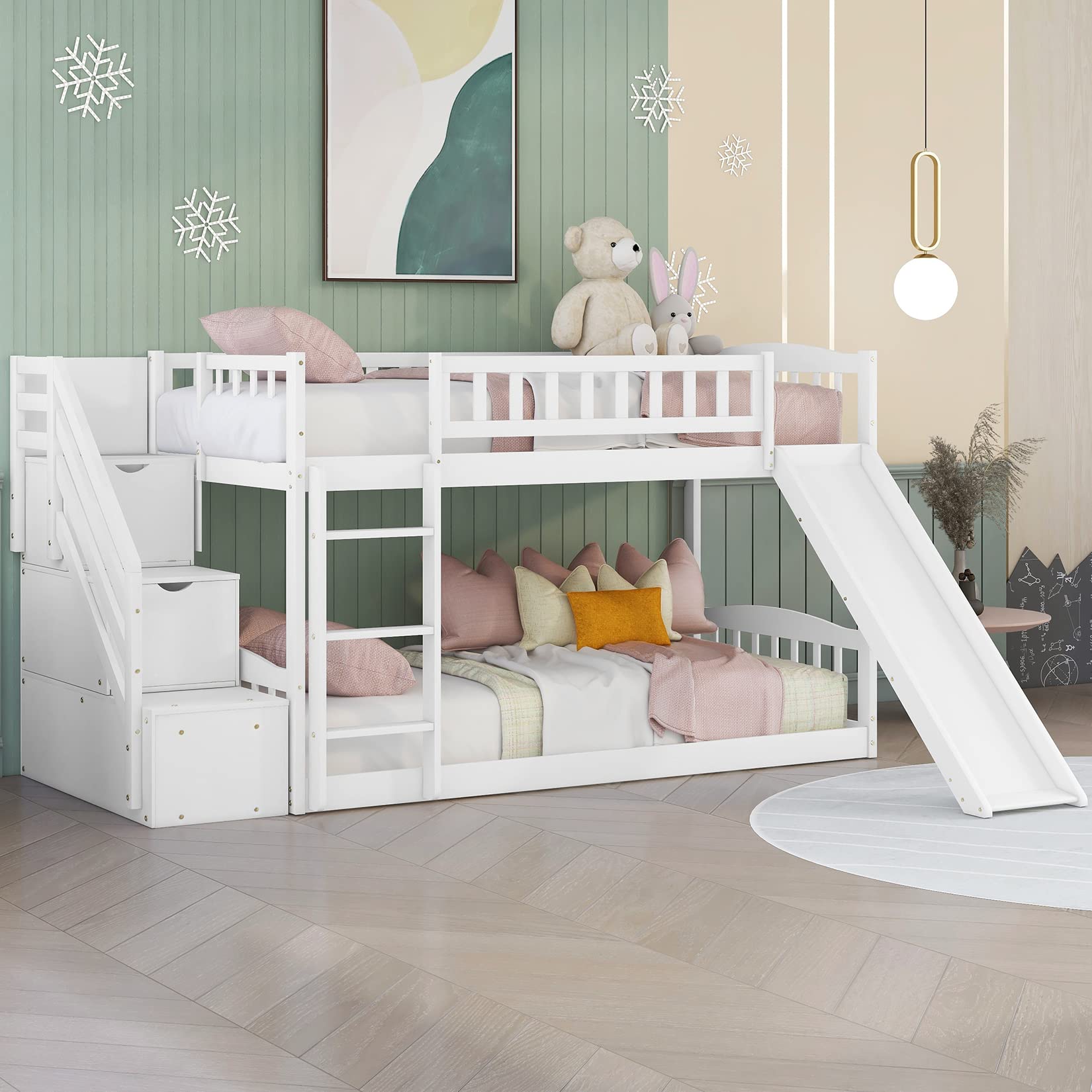 Twin Over Twin Wooden Bunk Beds with Slide & Storage Drawers - Low Bunk Bed Frame with Stairway for Kids, Boys & Girls - Perfect for Small Bedrooms, Shared Kids' Rooms & Sleepovers - White