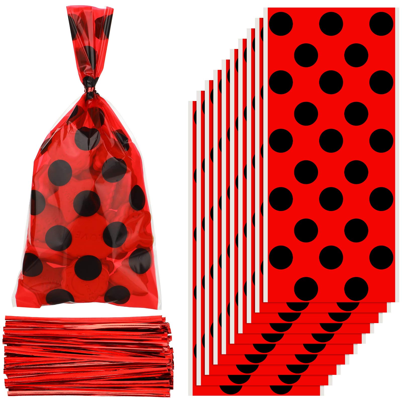 100-Piece Ladybug-Themed Red Treat Goodie Bags with Twist Ties - Perfect for Birthday Parties, Baby Showers & Wedding Favors - Durable Silk Candy Bags for Party Decorations & Gift Packaging