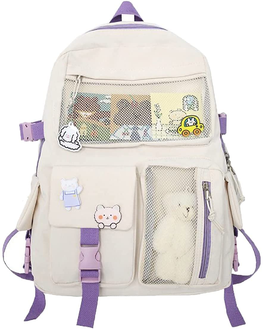 Cute Kawaii Backpack for Girls with Plush Pendant & Pin Accessories - White School Bag for Students - Perfect for School, Travel & Everyday Use