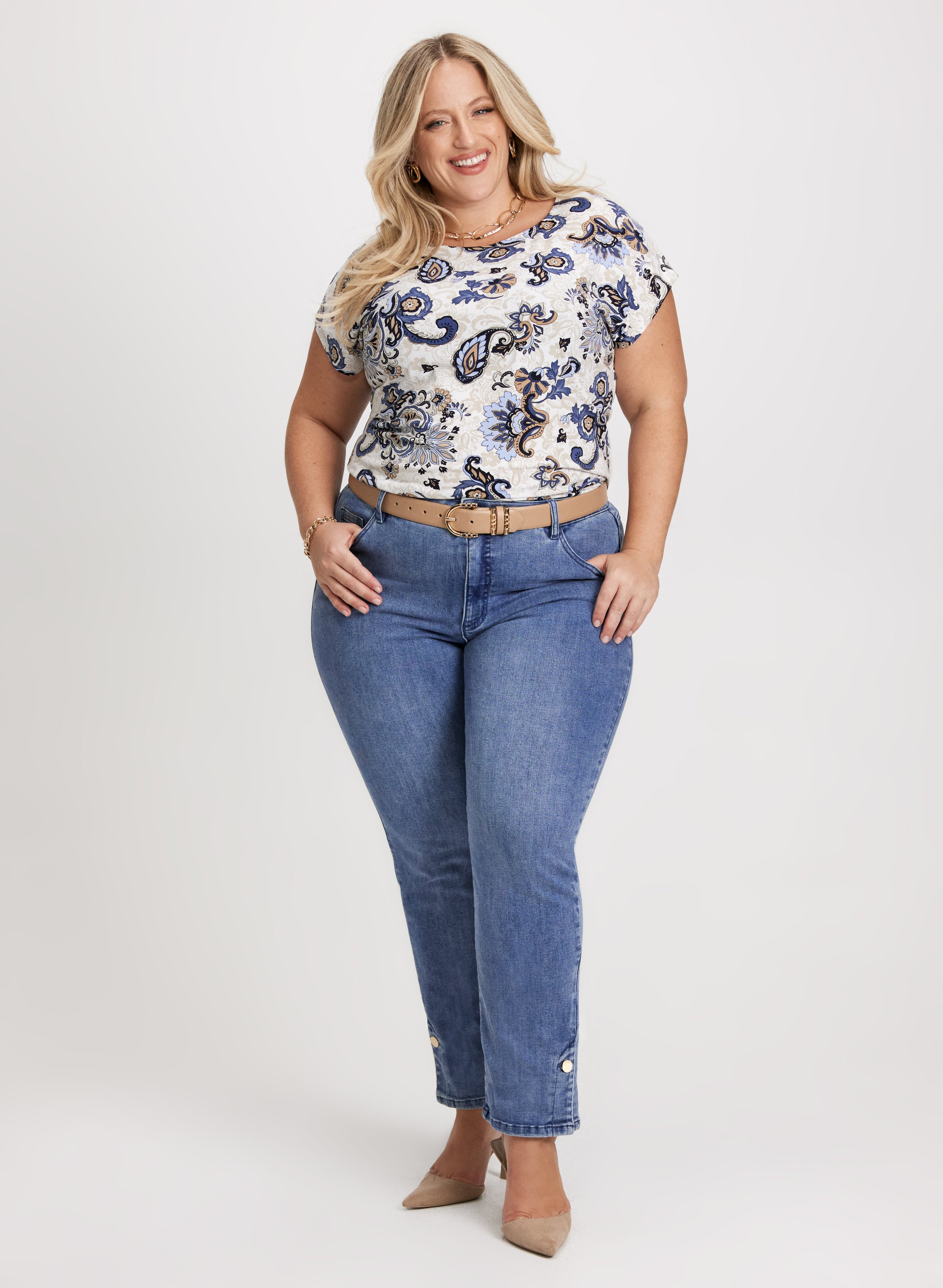 Drop Shoulder Paisley Print Blouse & High-Waisted Straight Leg Jeans with Slit Hem - Boho Chic Outfit for Women, Perfect for Casual Wear, Date Night and Office Style