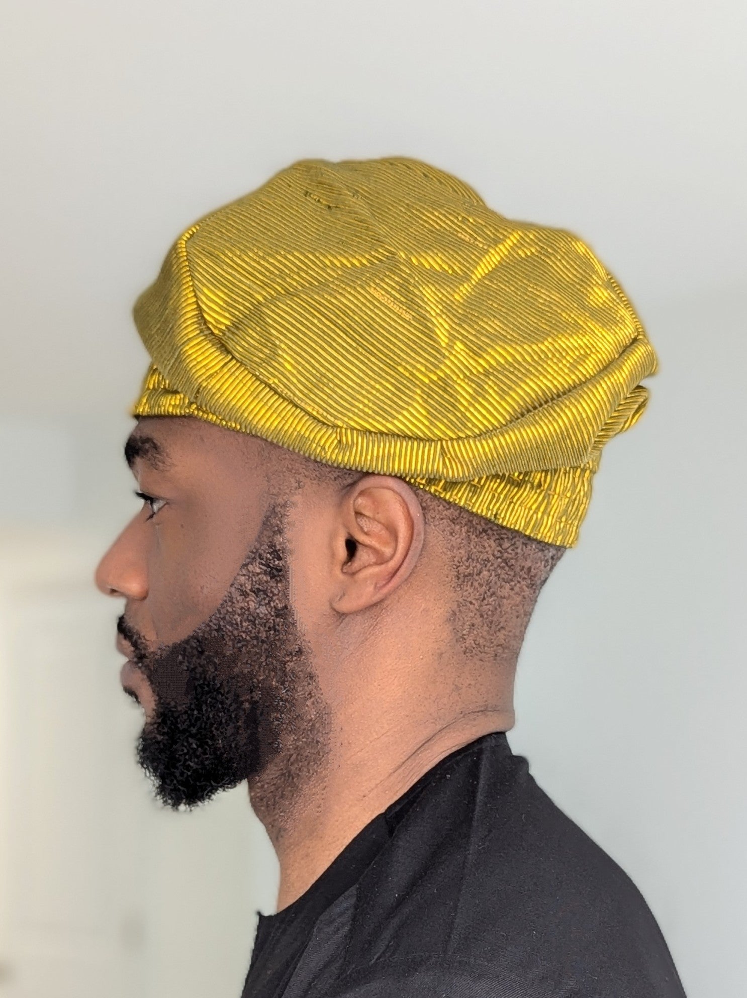 Dupsie's Striped Gold African Aso Oke Fila Kufi Cap Hat - Traditional Nigerian Headwear for Men - Perfect for Weddings, Cultural Events & Special Occasions