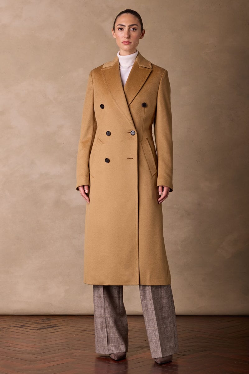 Premium Long Double Breasted Coat - Camel Wool & Silk Blend for Women | Elegant Winter Overcoat for Office, Parties & Formal Events