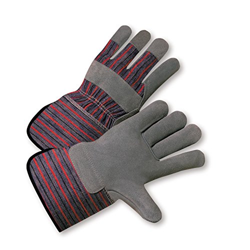 West Chester 800SC Standard Split Cowhide Work Gloves - 12 Pack Gray/Red, Large, Canvas Back & Leather Palm with Starched Cuffs - Durable Construction Gloves for Landscaping, Warehouse, and Heavy Duty Work
