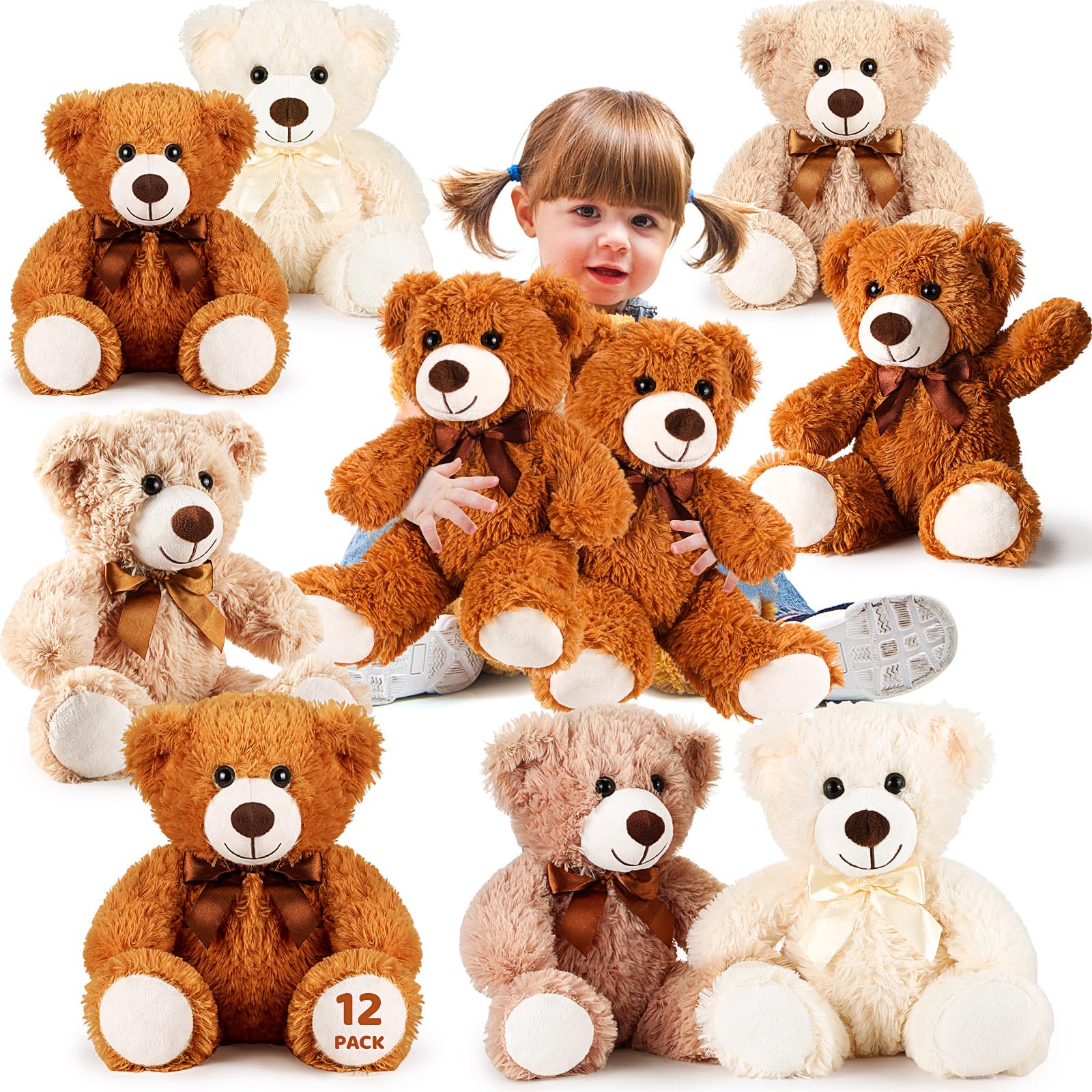 12 Pack 14 Inch Teddy Bear Stuffed Animals - Bulk Plush Bears for Graduation, Bridal Shower, Anniversary Gifts (Light Brown, Khaki, White) - Perfect for Party Favors, Baby Showers & Home Decor