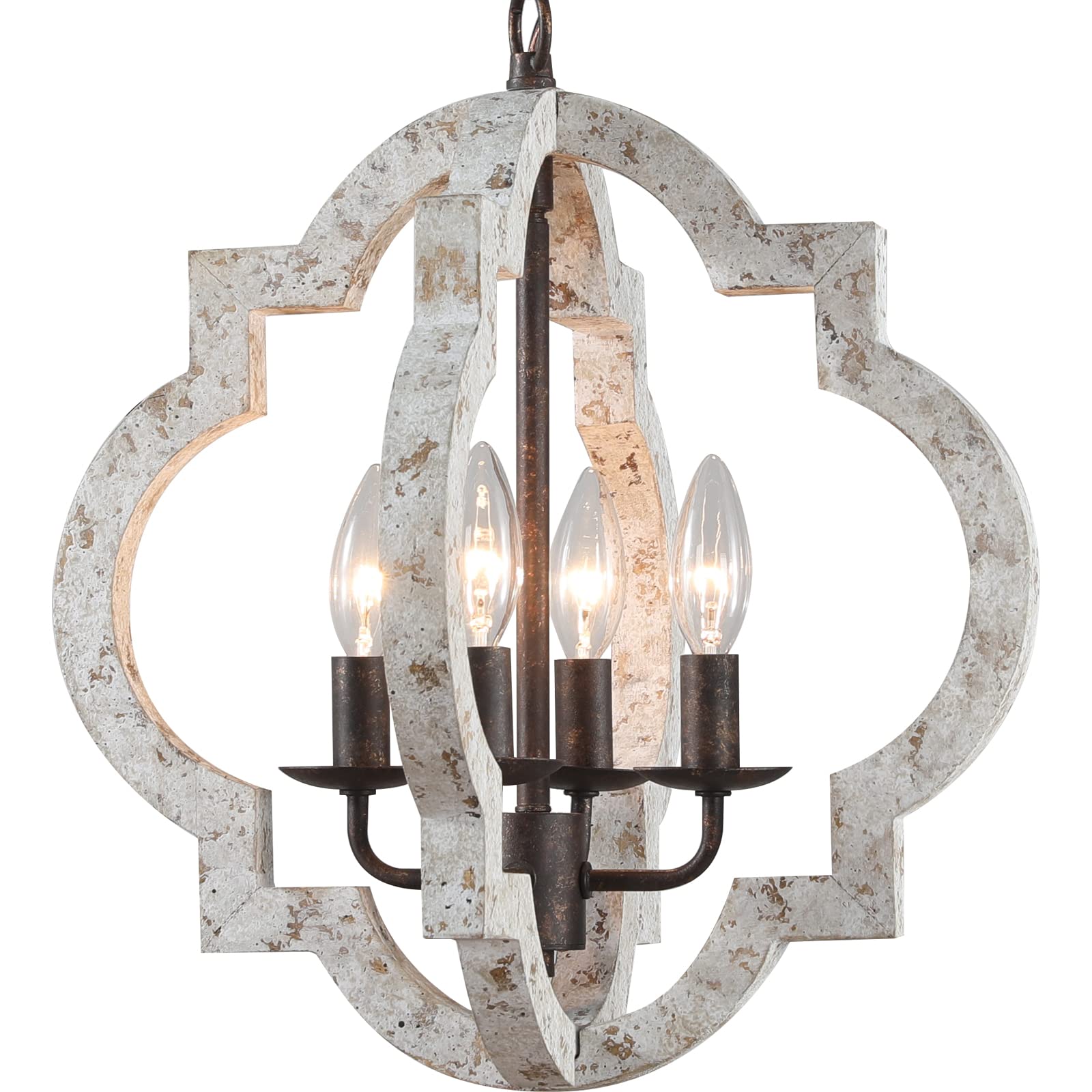 Rustic Farmhouse Orb Chandelier - Hand-Painted Wooden Hanging Island Light Fixture with Distressed White Finish, 4-Light Pendant for Bedroom, Kitchen Island, Foyer & Entryway - Perfect for Country Style Home Decor and Dining Room Lighting