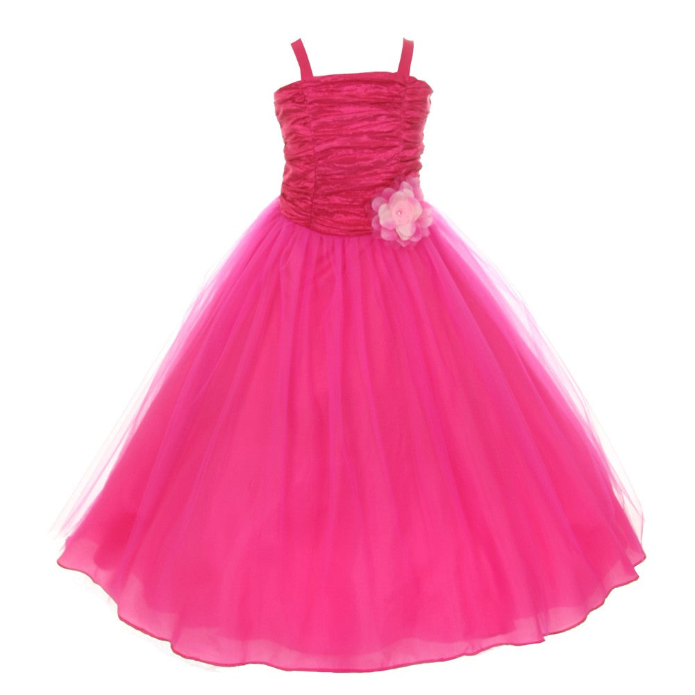 Fuchsia Crinkled Tulle Flower Girl Dress for Big Girls (Size 8-16) | Floral Embellished Party Dress for Weddings, Baptisms & Special Occasions