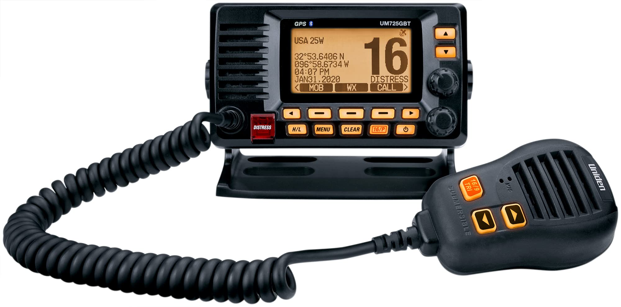 Uniden UM725GBTBK Marine VHF Radio with Built-in GPS & Bluetooth | 1W/25W Transmit Power | NOAA Weather Channels | Large LCD Screen | USA/Canada/International Marine Channels | Perfect for Boating, Fishing & Emergency Communication