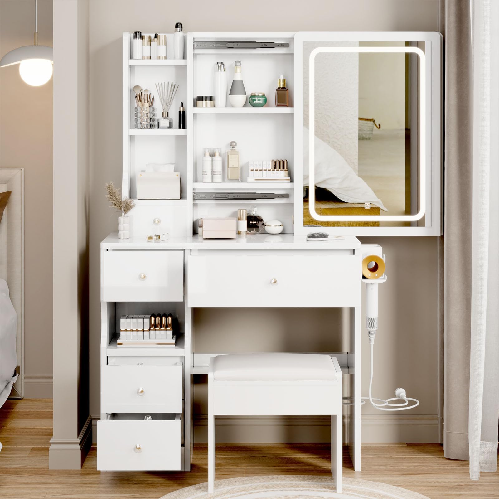 HZANHY Large Makeup Vanity Table with LED Lighted Mirror, Power Outlet & 4 Drawers - Adjustable Brightness with 3 Lighting Modes - Includes Stool - Perfect for Bedroom, Dressing Room & Beauty Salon