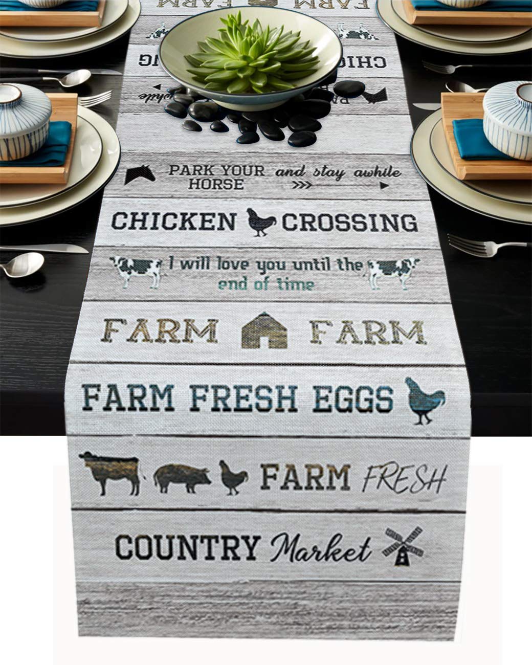 ZOE GARDEN 108 Inch Farm Animal Wood Grain Table Runner - Cotton Burlap Tablecloth for Kitchen, Dining, Wedding & Coffee Tables | Rustic Home Decor for Farmhouse, Country & Party Settings