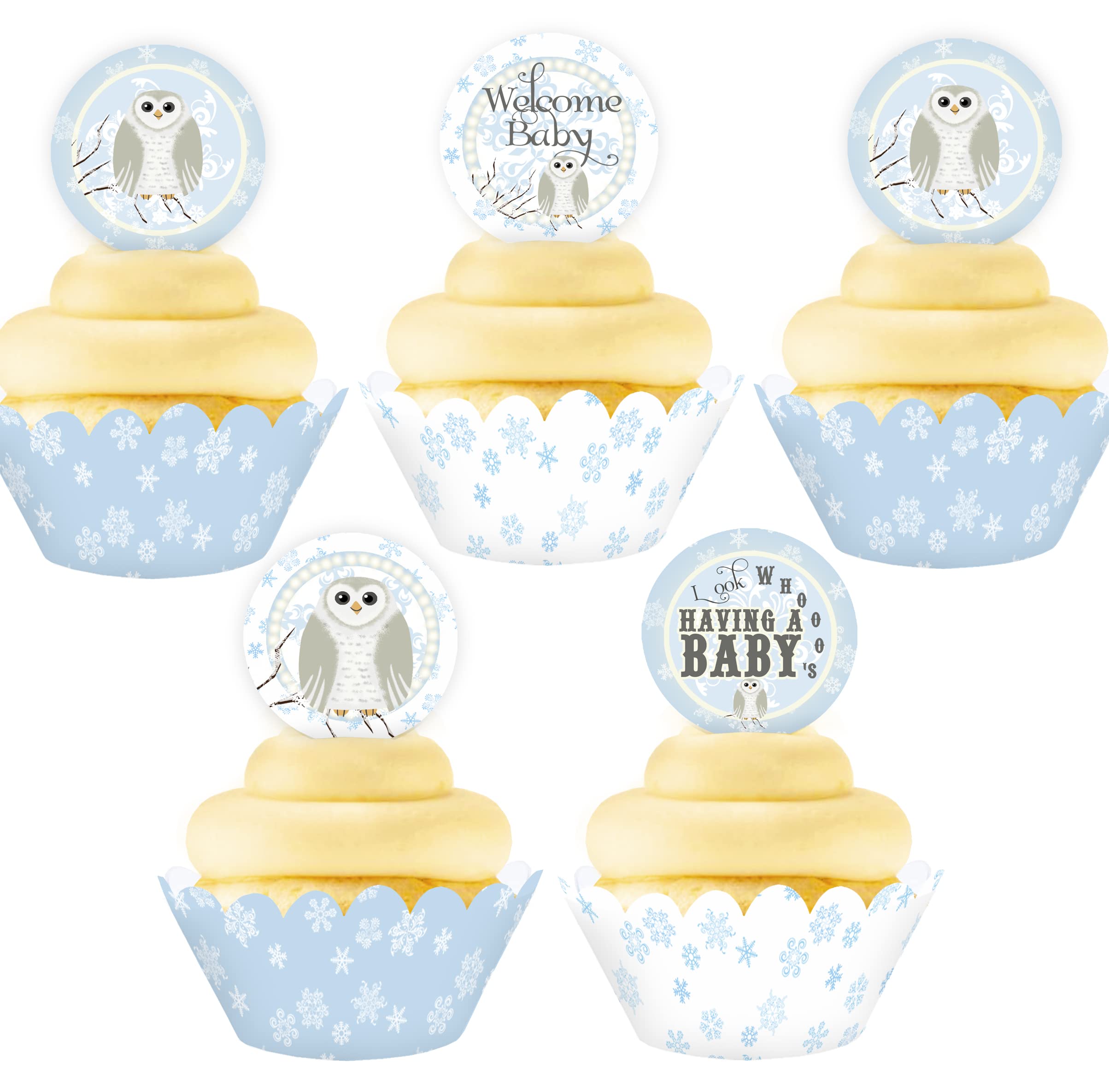 Snowy Owl Cupcake Toppers and Wrappers Set - 24 Winter Baby Shower Decorations - Blue Owl Theme Party Supplies for Baby Showers, Birthdays, and Winter Celebrations