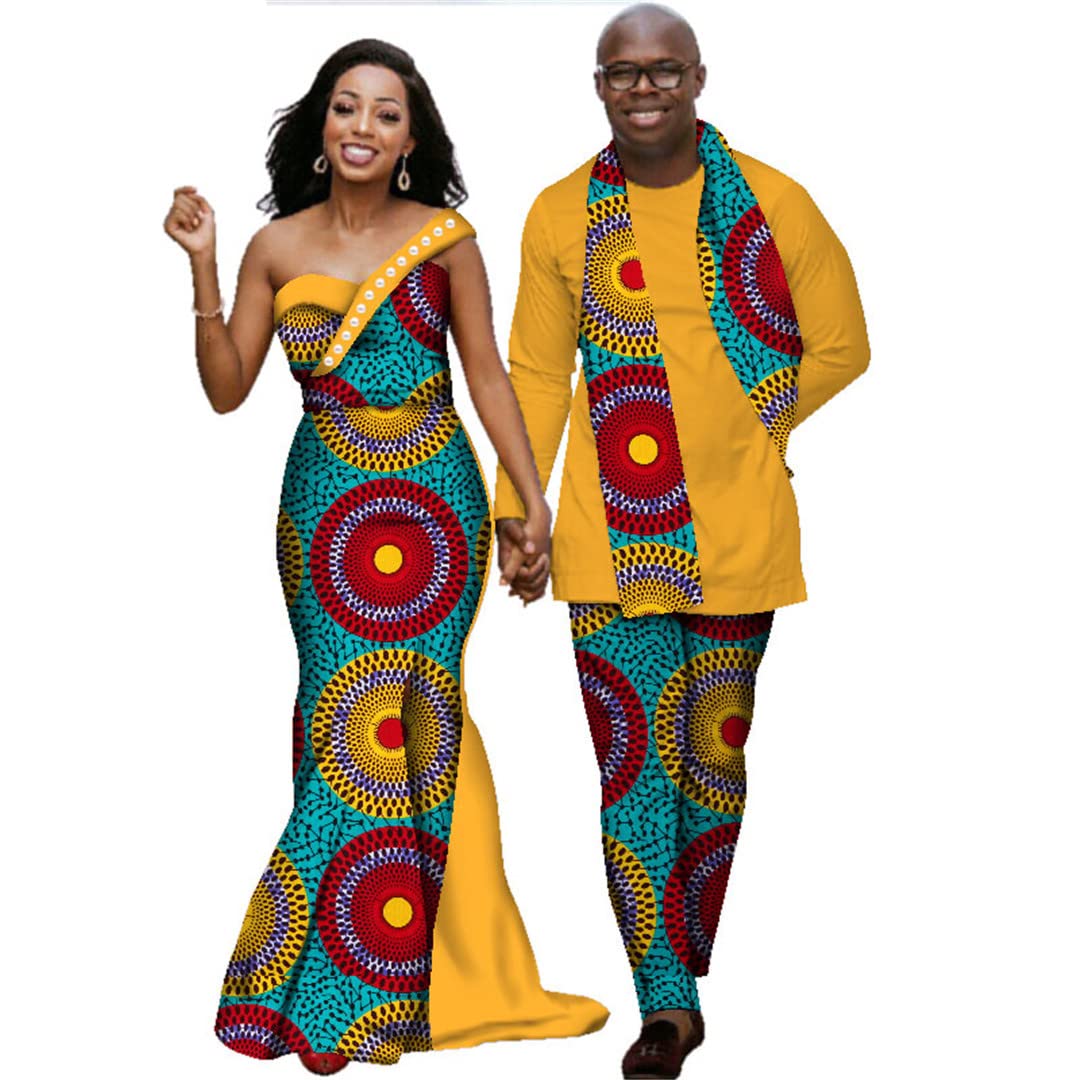Stylish African Print Dresses for Women & Matching Couple Outfits - Long Sleeve Shirt and Pants Sets - XXXL Size - Perfect for Weddings, Cultural Events and Date Nights