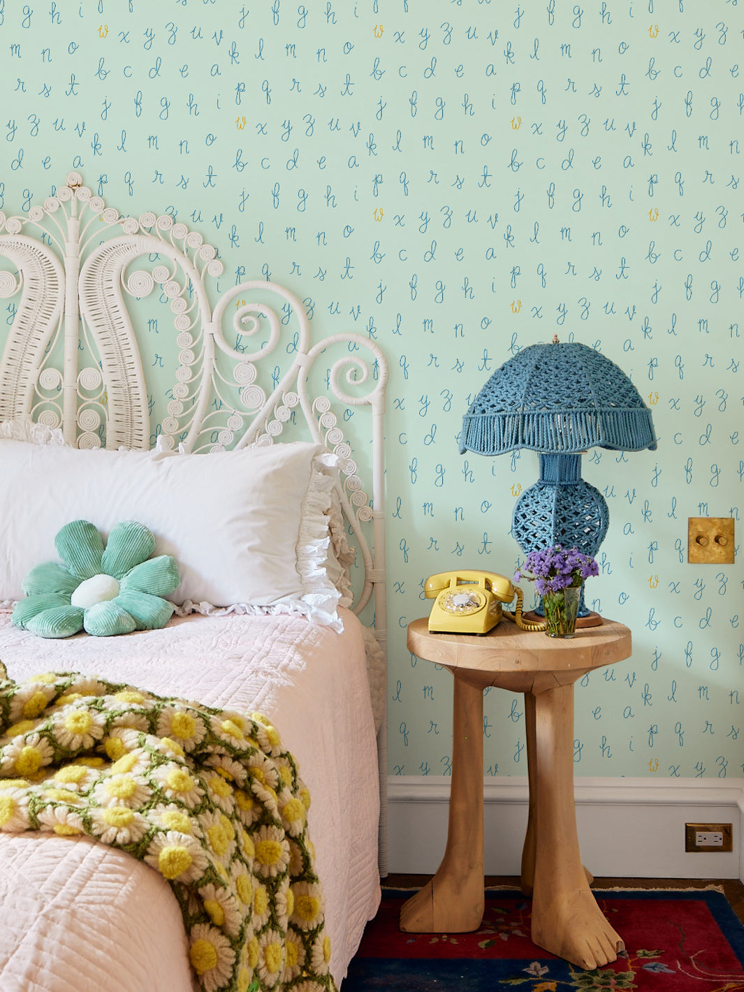 LF Alphabet Wallpaper by Lingua Franca - Mint Green with Yellow Accent Letters | Modern Nursery Decor & Kids Room Wall Covering