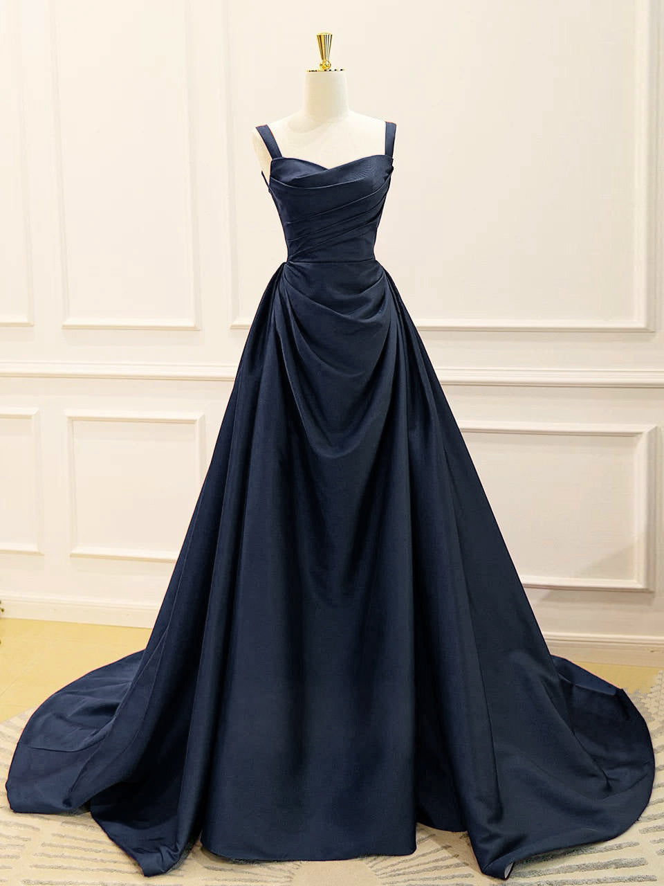 Elegant A-Line Satin Dark Blue Long Prom Dress & Evening Gown for Formal Events, Homecoming, Weddings & Special Occasions