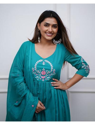 Blue Cotton Embroidered Anarkali Suit Set of 3 | Traditional Indian Kurti Dress for Women | Perfect for Weddings, Festivals & Special Occasions