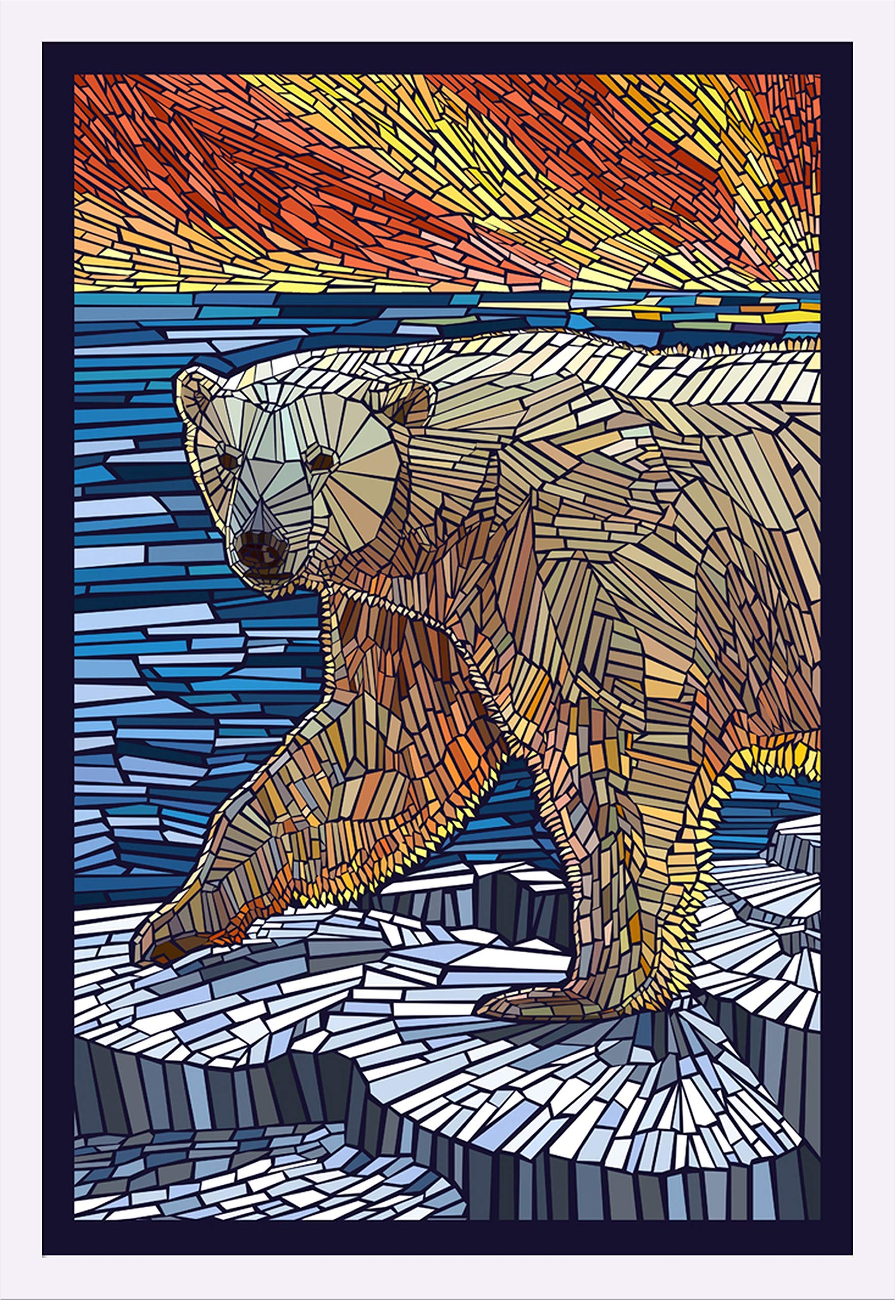 Polar Bear Paper Mosaic Art Print - 24x36 Giclee Gallery Framed in White Wood - Arctic Wildlife Wall Decor for Living Room, Office & Nursery
