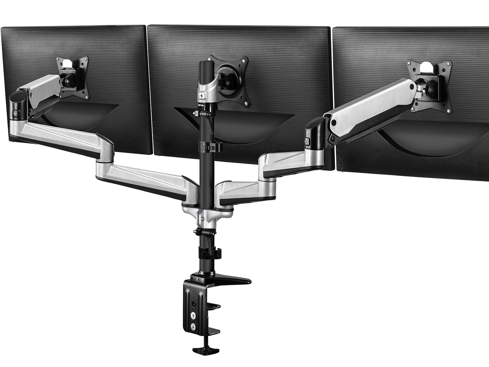 HUANUO Triple Monitor Stand - Adjustable Gas Spring Mount for 17-32 Inch Flat/Curved Screens with Clamp & Grommet Kit (Silver) - Perfect for Home Office, Gaming Setup & Multi-Tasking Workspaces