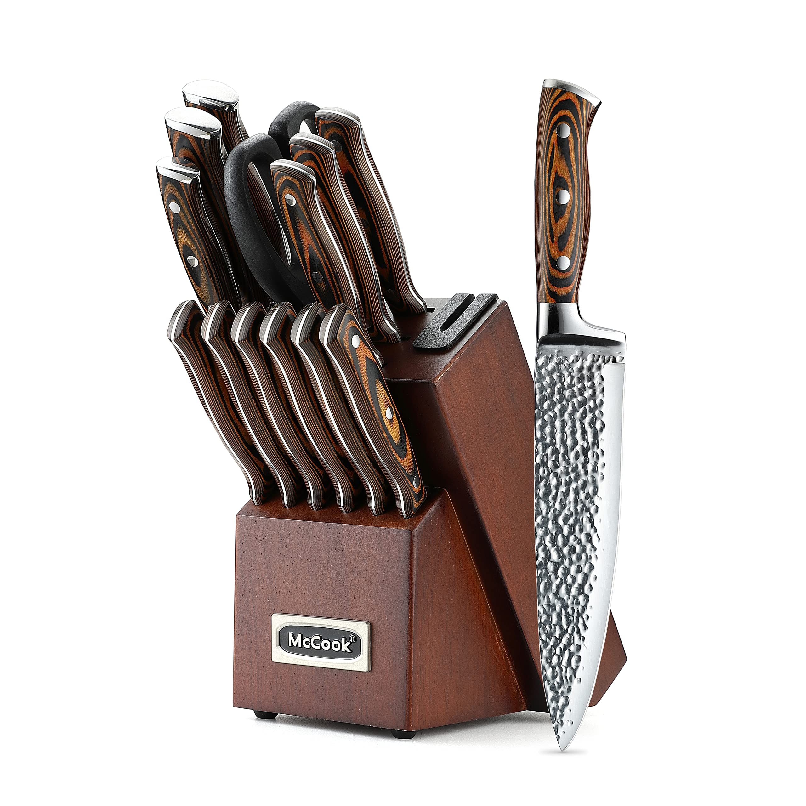 McCook MC17 15-Piece German Stainless Steel Knife Block Set with Built-in Sharpener - Premium Kitchen Knives for Cooking, Slicing & Food Prep