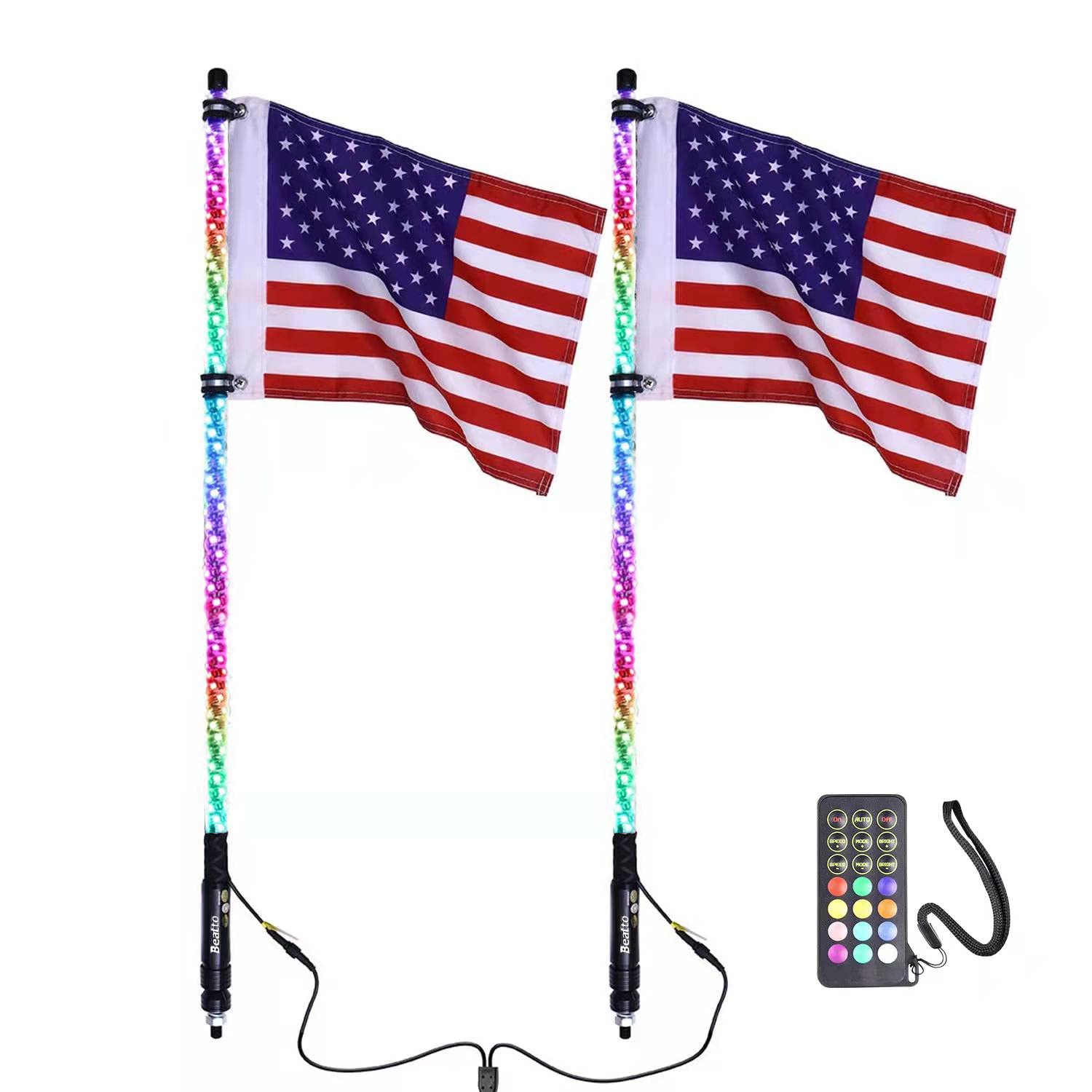 2PCS 4FT(1.2M) RF Remote Control RGB LED Whip Lights with Dancing/Chasing Effects - LED Antenna Light for Off-Road Vehicles, ATV, UTV, RZR, Jeep, Trucks - Perfect for Night Rides, Dune Bashing & Off-Road Adventures