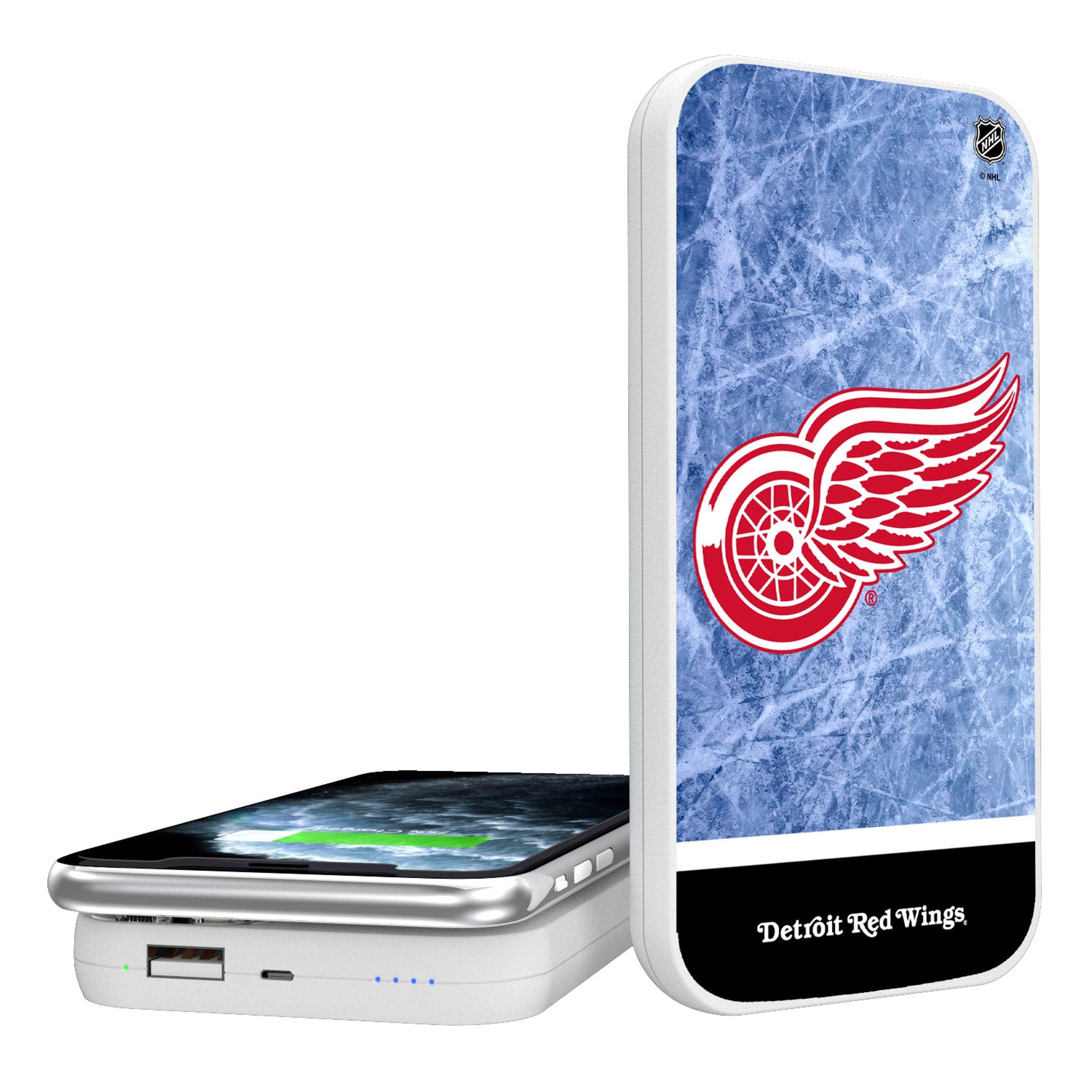 Detroit Red Wings Ice Wordmark 5000mAh Portable Wireless Charger - Fast Charging Power Bank for iPhone, Samsung & Android - Perfect for Travel, Camping & Game Day