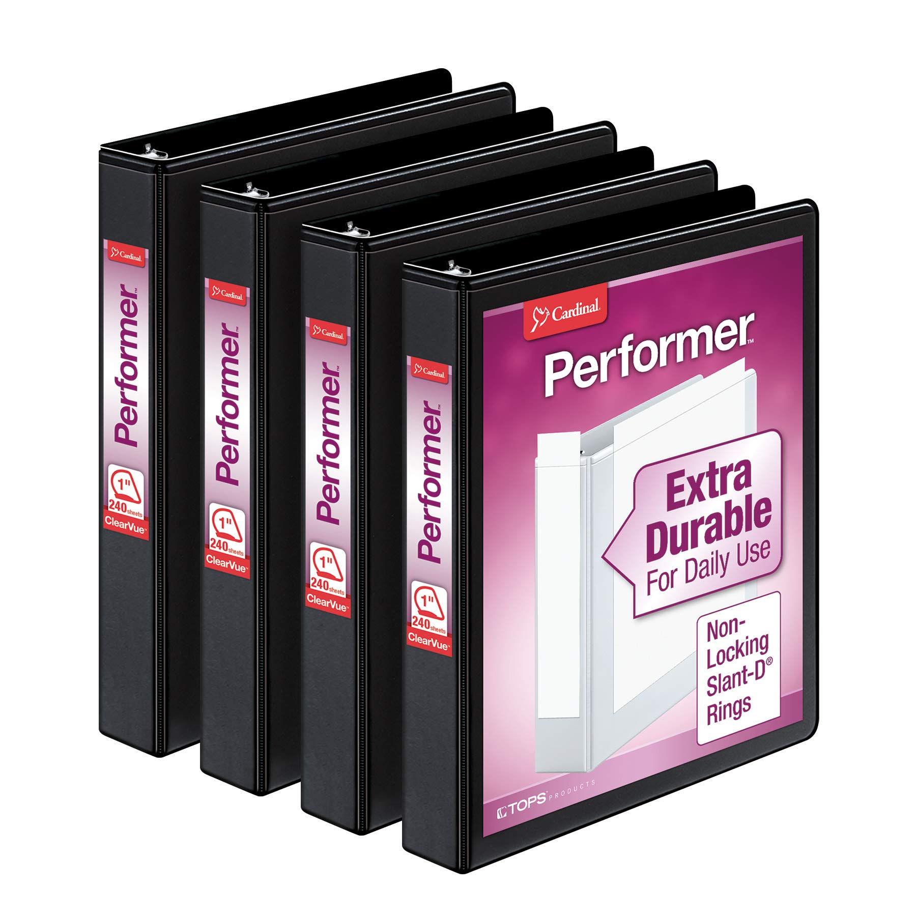 Cardinal Performer 3-Ring Binders 1 Inch - 240 Sheet Capacity, Non-Locking Slant D-Rings, ClearVue Presentation, PVC-Free, Non-Stick, Black (4-Pack) - Perfect for School, Office, and Home Organization