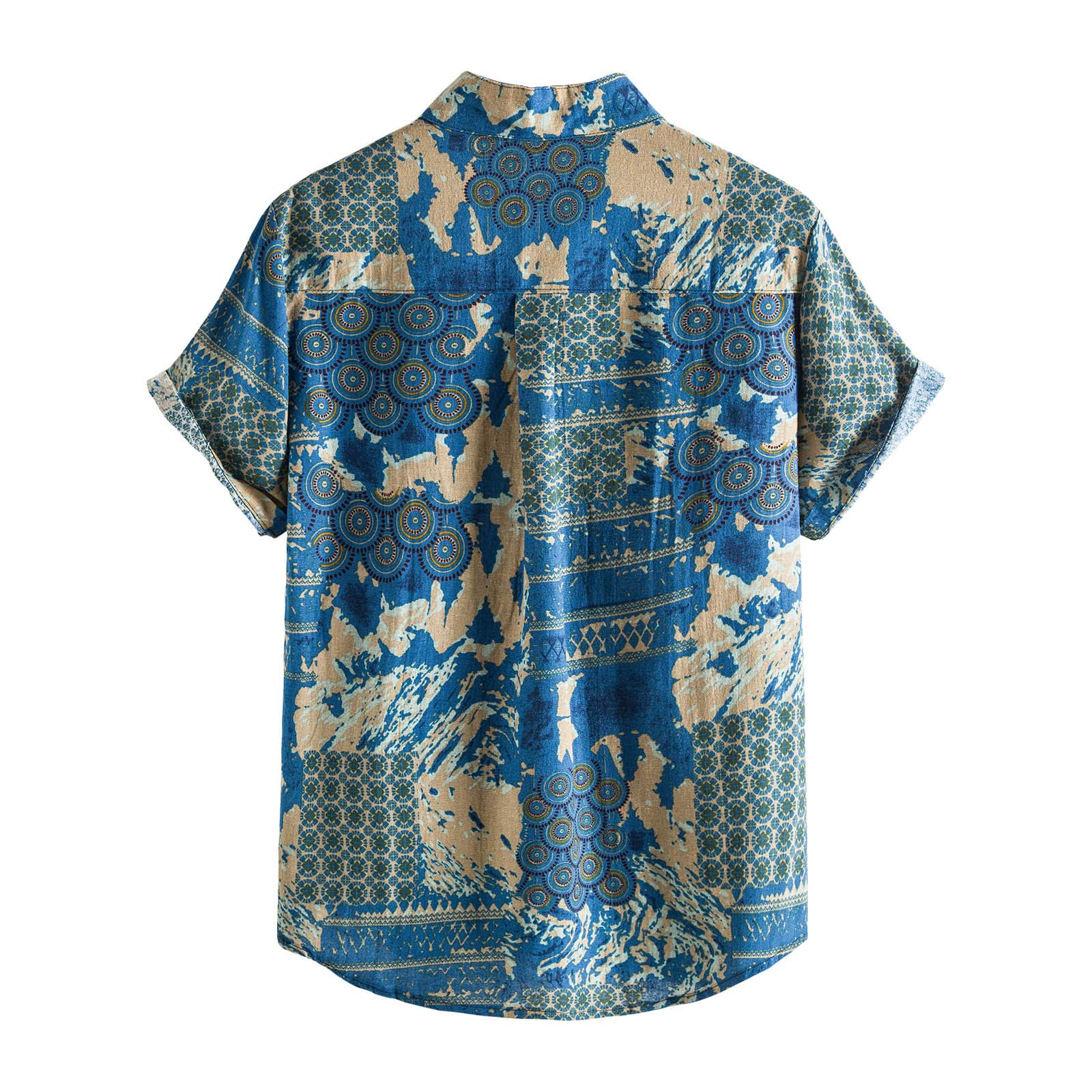 Men's Short Sleeve Cotton Linen Shirt - Breathable Casual Button Down Shirt with Stand Collar & Printed Design for Spring Summer | Office Wear, Date Night, Outdoor Activities