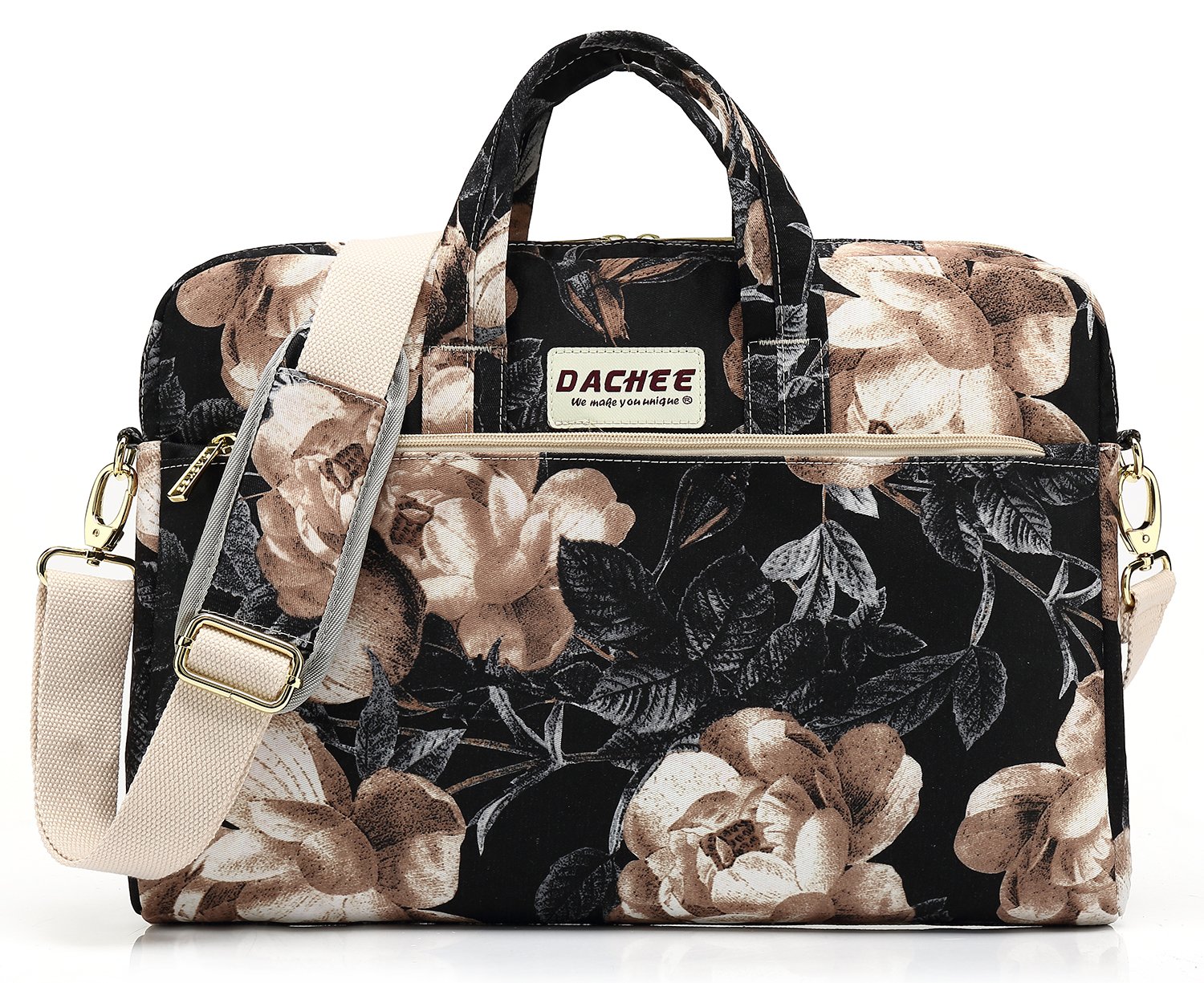 DACHEE Beige Rose Pattern Waterproof Laptop Shoulder Bag for 14-15.6 Inch Laptop - Stylish Messenger Briefcase & Sleeve for Work, Travel & School