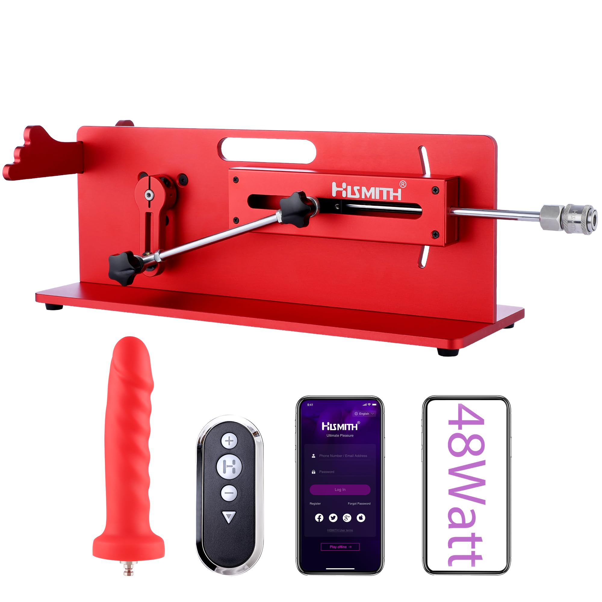 Hismith Premium Sex Machine with KlicLok System - APP & Remote & Wire 3-in-1 Control, 48W Adjustable Thrusting Speed Adult Toy for Men & Women (Red Table Top) - Perfect for Couples Play, Solo Exploration & BDSM Scenes