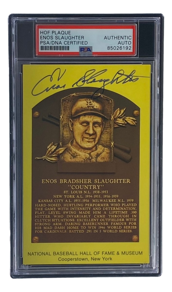 Enos Slaughter Autographed 4x6 St. Louis Cardinals Hall of Fame Plaque Card with PSA/DNA Certification #85026192 - Perfect for Baseball Memorabilia Collections and Sports Fan Gifts