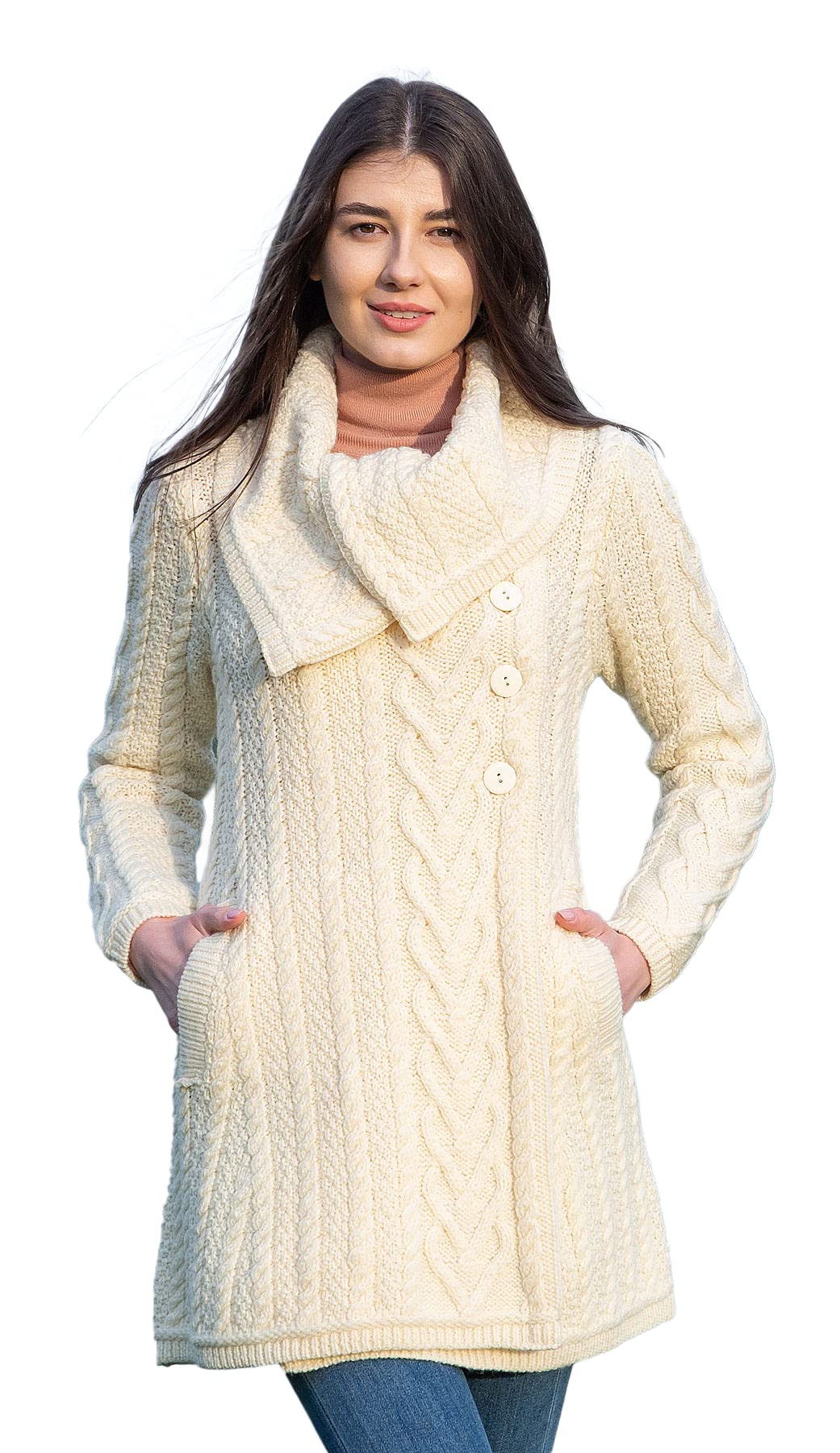 SAOL 100% Merino Wool Women's Classic Cable Knit Cardigan Sweater - Irish Coat with Pockets - Warm Winter Fashion for Casual Outfits & Office Wear