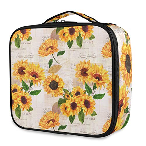 Professional Watercolor Sunflowers Travel Makeup Case - Large Capacity Cosmetic Organizer with Adjustable Dividers, Portable Toiletry Storage Bag for Train, Airplane & Daily Use