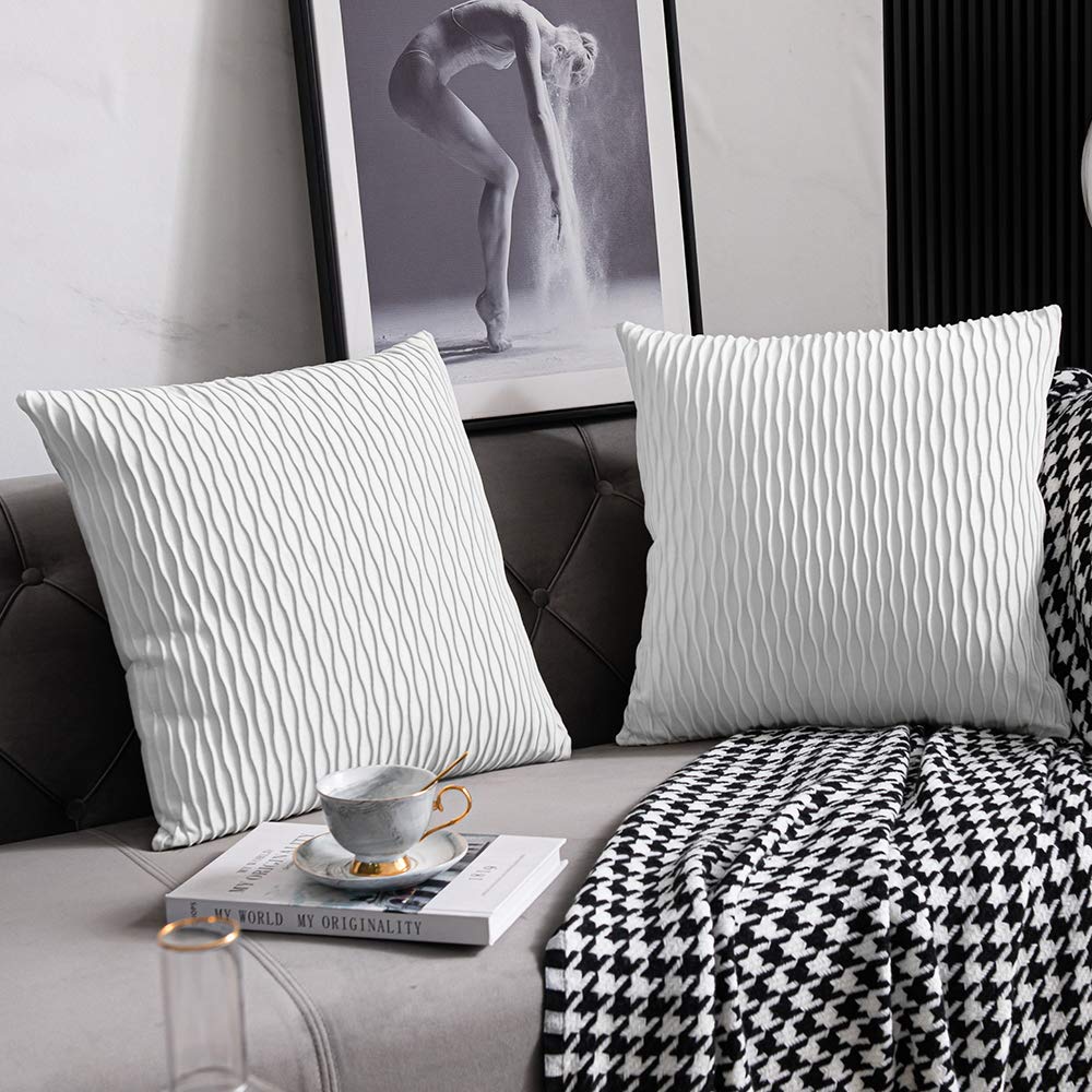 DEZENE 2-Pack 16x16 Inch White Striped Velvet Square Throw Pillow Covers - Soft Farmhouse Decor Cushion Cases for Sofa, Bed & Living Room