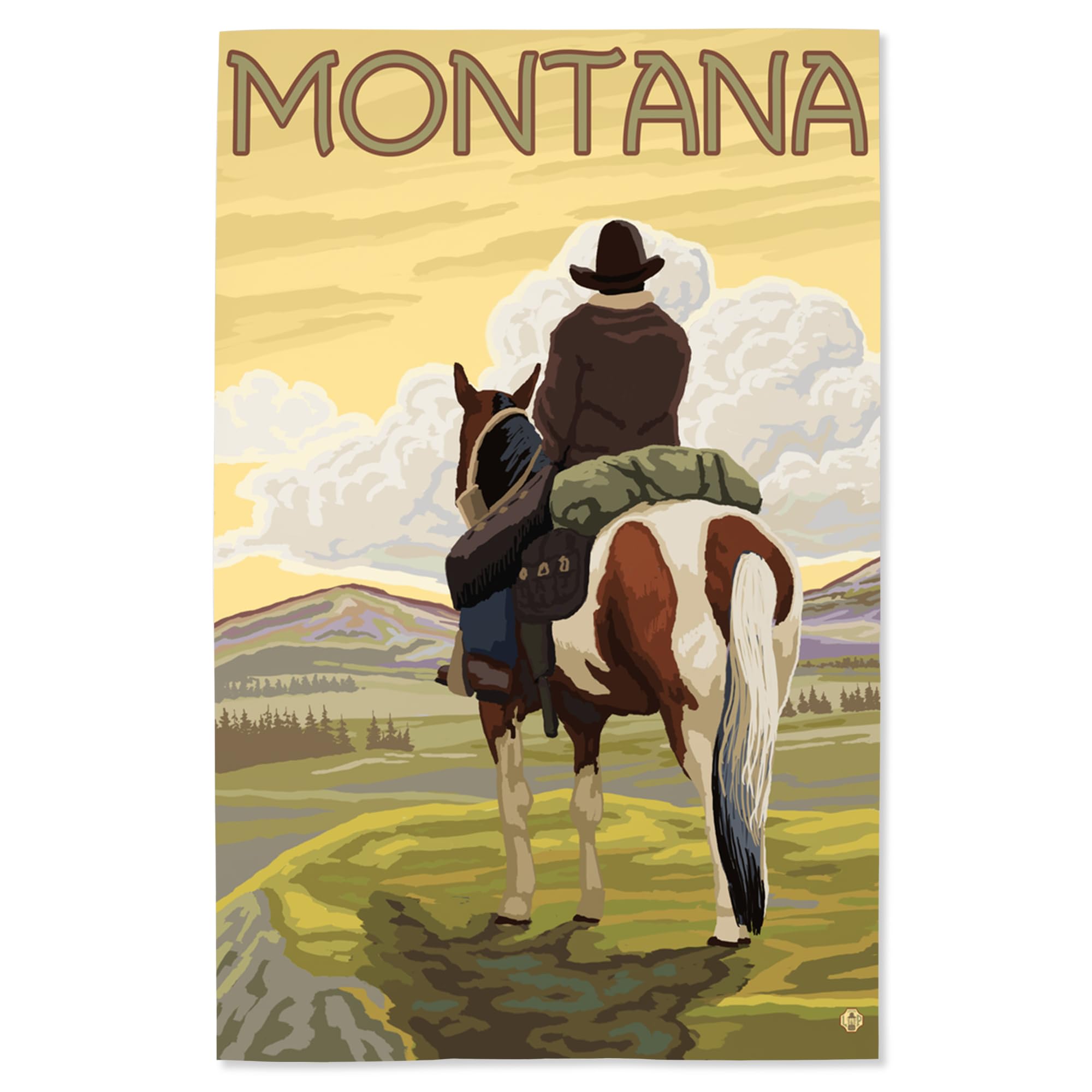Lantern Press 16x24 Inch Giclee Art Print - Montana Landscape with Cowboy & Horse - Western Wall Decor for Living Room, Office & Cabin