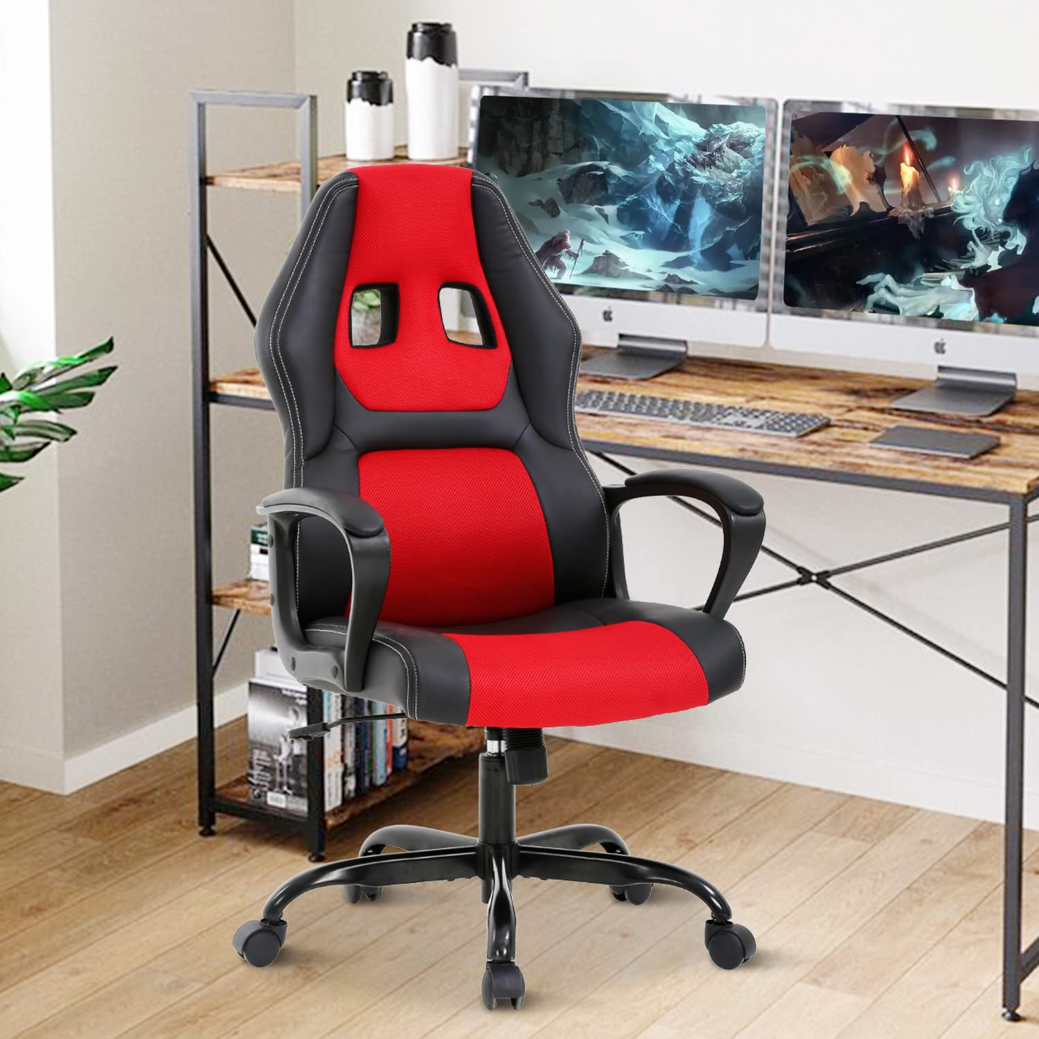 CL.Store Ergonomic PC Gaming Chair - High Back Racing Style with Adjustable Lumbar Support & Armrests, PU Leather Swivel Rolling Office Desk Chair for Adults - Perfect for Home Gaming Setup, Work from Home & Office Workspace (Red)