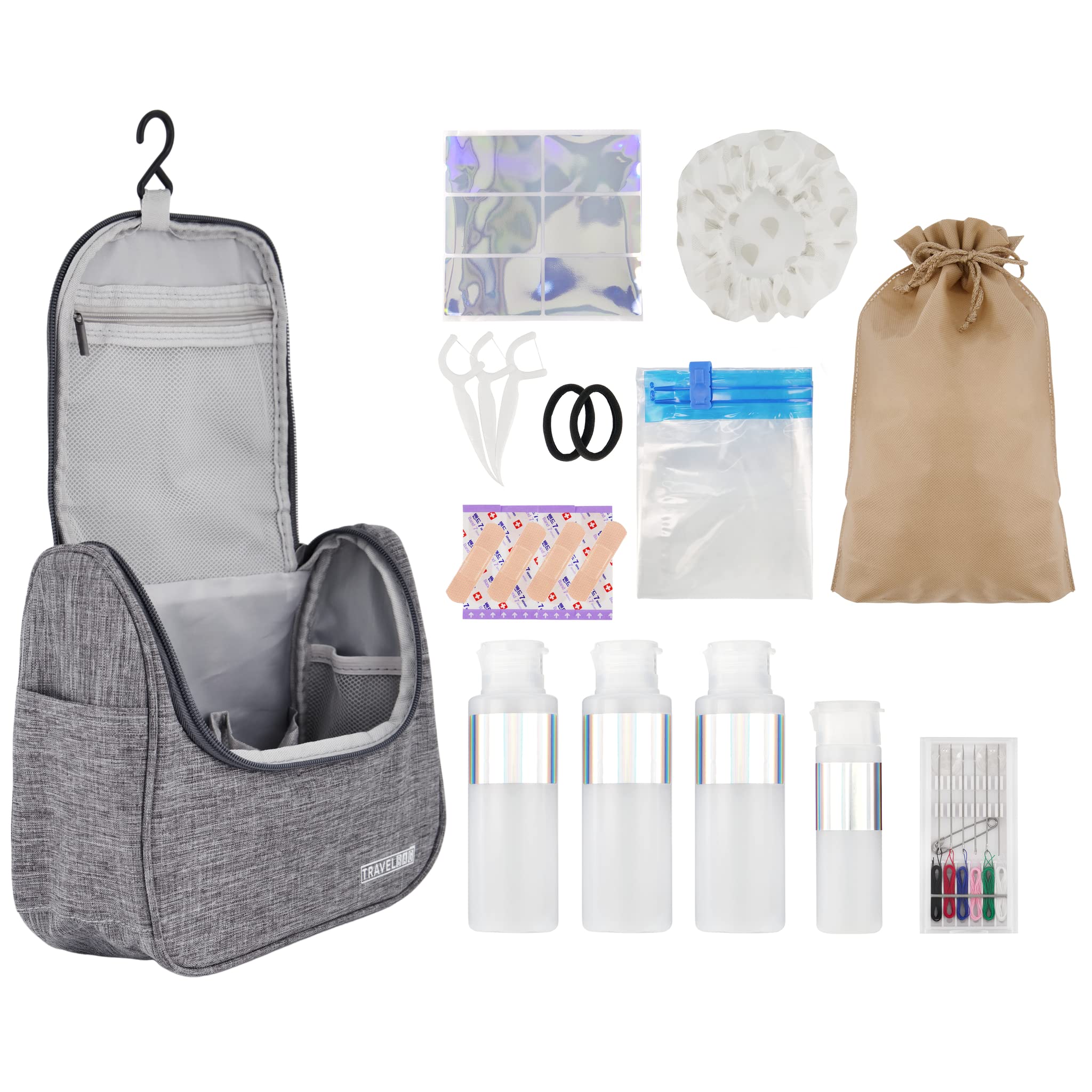 10-Piece Travel Toiletry Kit with Hanging Bag & Leak-Proof Bottles - Portable Essentials for Business Trips, Camping & Vacation (Gray) - Perfect for Air Travel, Gym & Outdoor Adventures