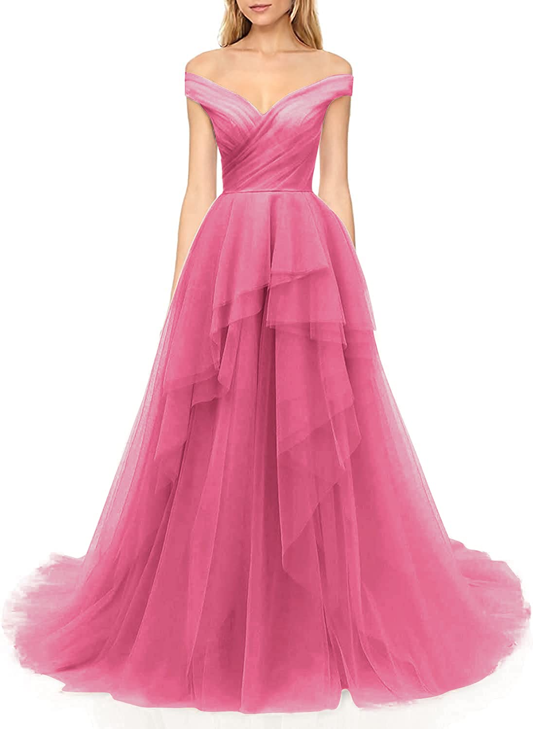 Elegant Off-Shoulder Tulle Prom Dress with Tiered Pleated Skirt - Long Formal Ball Gown for Women | Perfect for Homecoming, Prom Night, Quinceañera & Special Occasions