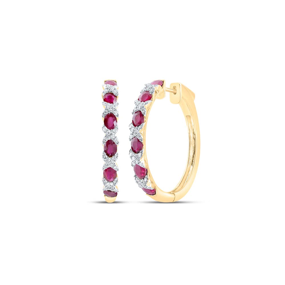 14Kt Yellow Gold Oval Ruby and Diamond Hoop Earrings for Women - 3 Cttw | Elegant Jewelry Gift for Anniversary, Birthday & Special Occasions