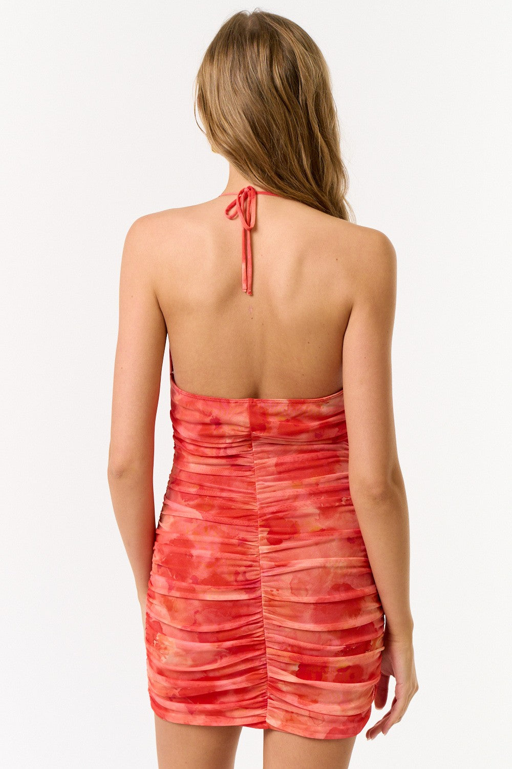 Orange Mesh Halter Ruched Mini Dress - Sexy Summer Party & Beach Outfit for Women
