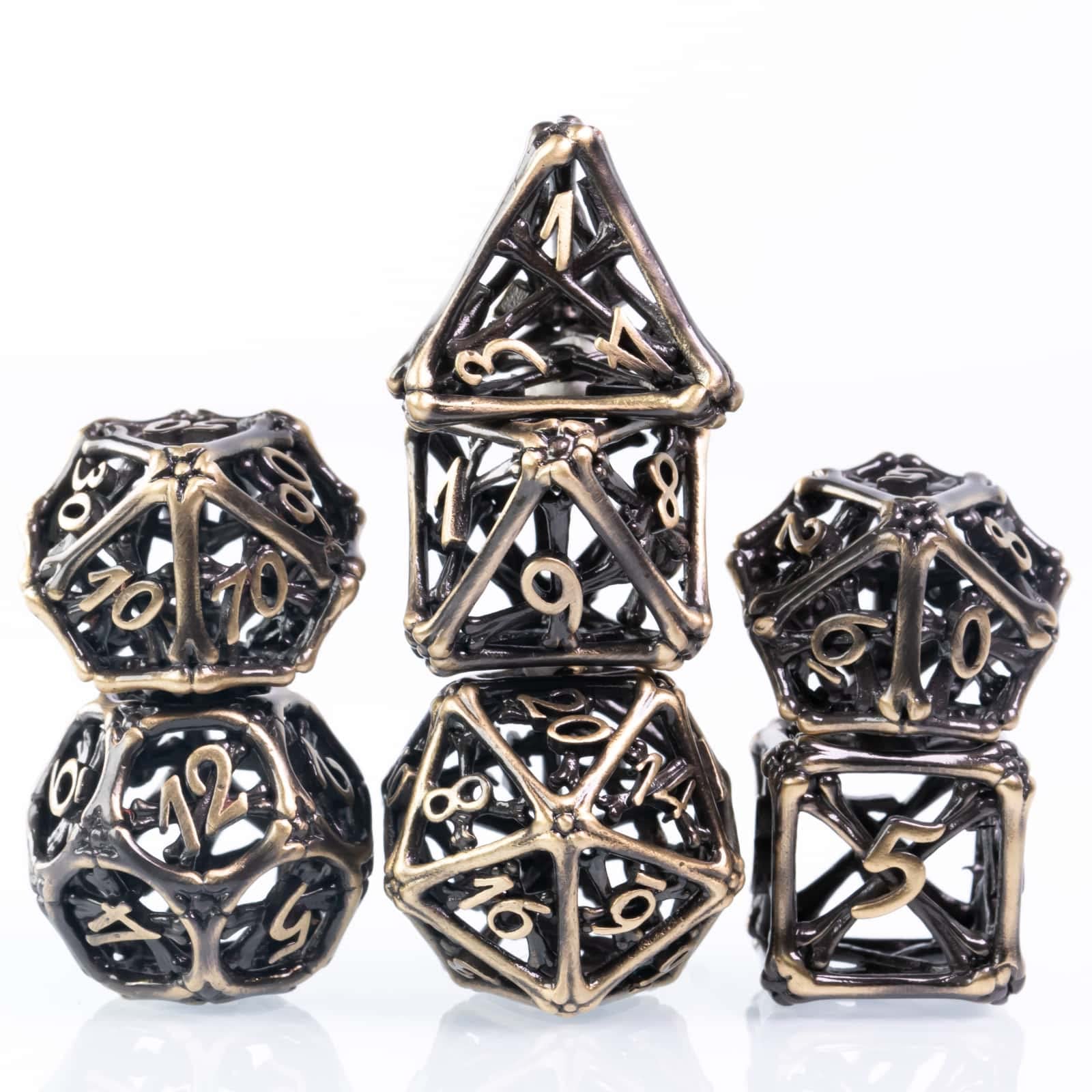 Premium 7-Piece Hollow Bone Design Metal Dice Set for DND, RPG, MTG & Pathfinder - Ancient Bronze Finish with Durable Metal Storage Box - Perfect for Tabletop Gaming, Collectors & Gift Giving