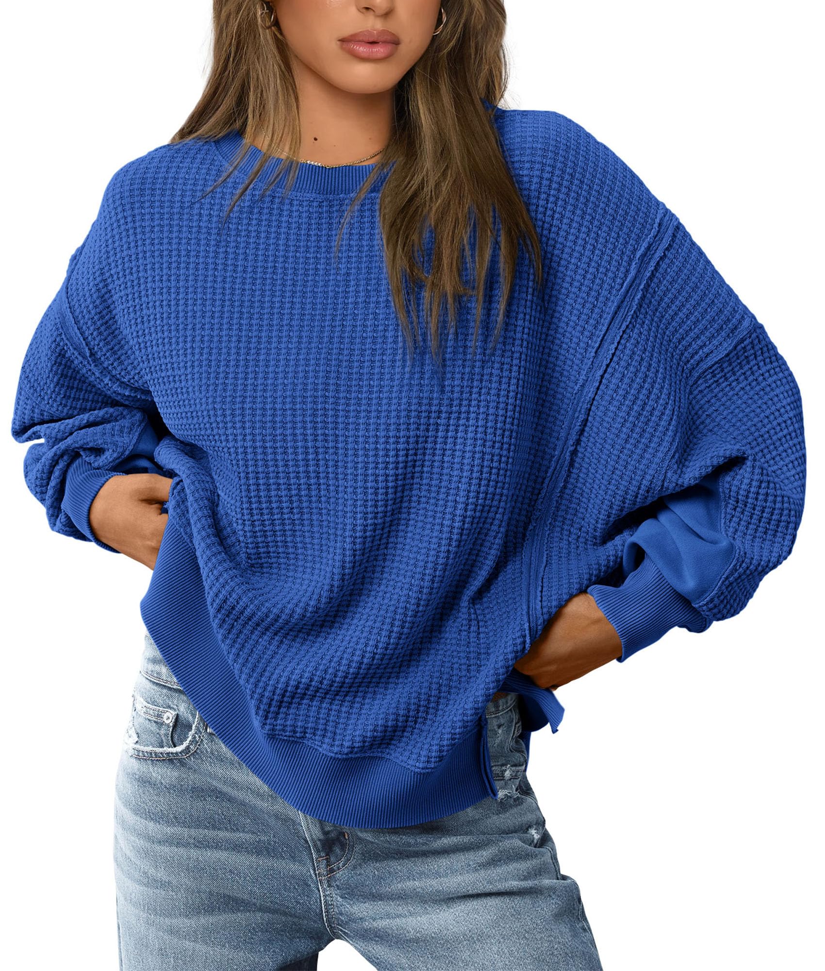 PRETTYGARDEN Women's Oversized Crewneck Sweatshirt - Soft Waffle Knit Long Sleeve Pullover Top for Fall & Spring | Casual Loungewear, Streetwear Fashion