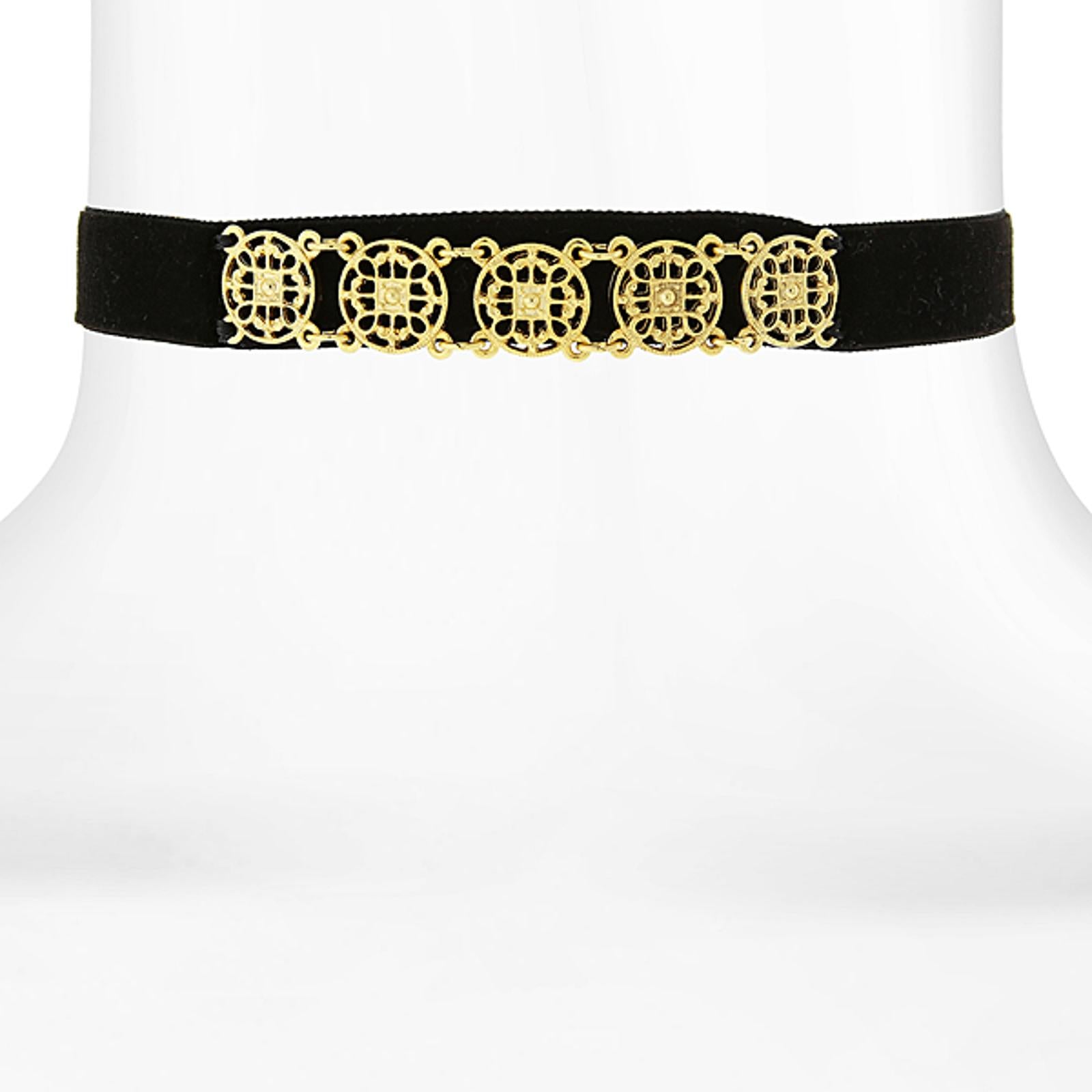 Vintage 1928 Gold-Tone Meso Round Filigree Choker Necklace with Black Grosgrain Ribbon & 5