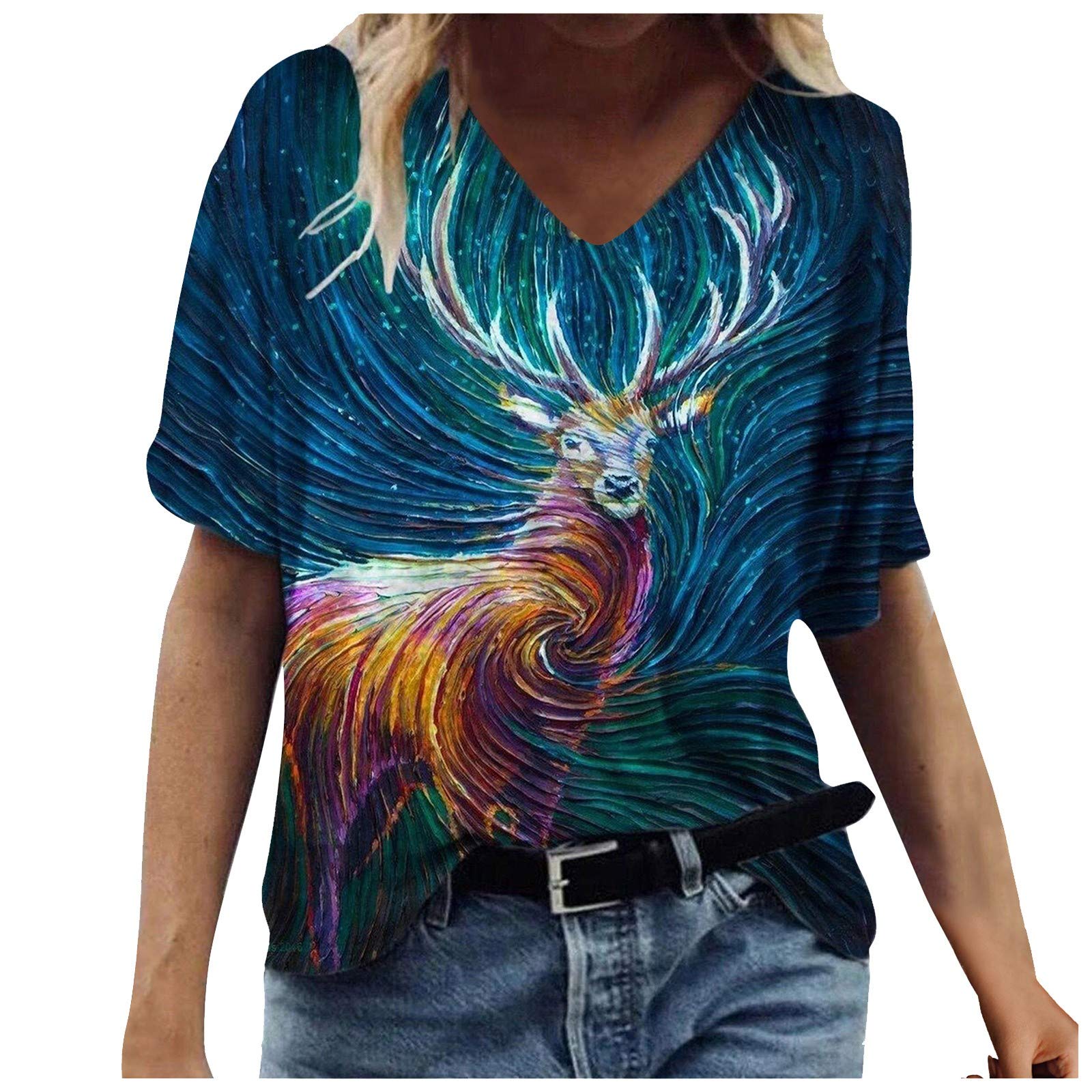Trendy Women's V-Neck Short Sleeve Graphic T-Shirt - Cute Printed Summer Blouse for Casual Wear, Date Night & Vacation Outfits
