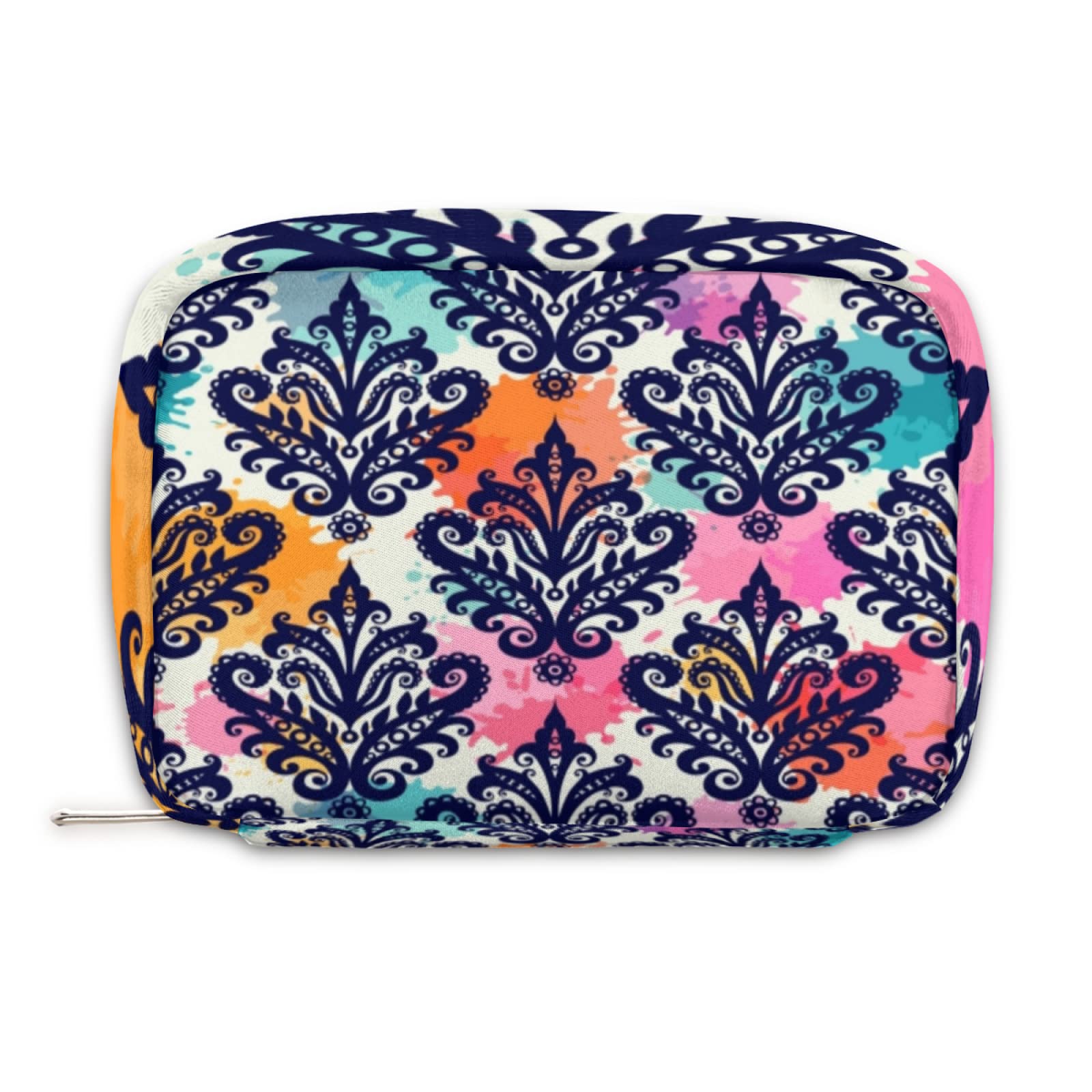 Damask Pattern Boho Makeup Bag - Waterproof Zippered Cosmetic Pouch for Women & Girls | Travel Toiletry Organizer, Gym Essentials & Daily Beauty Storage