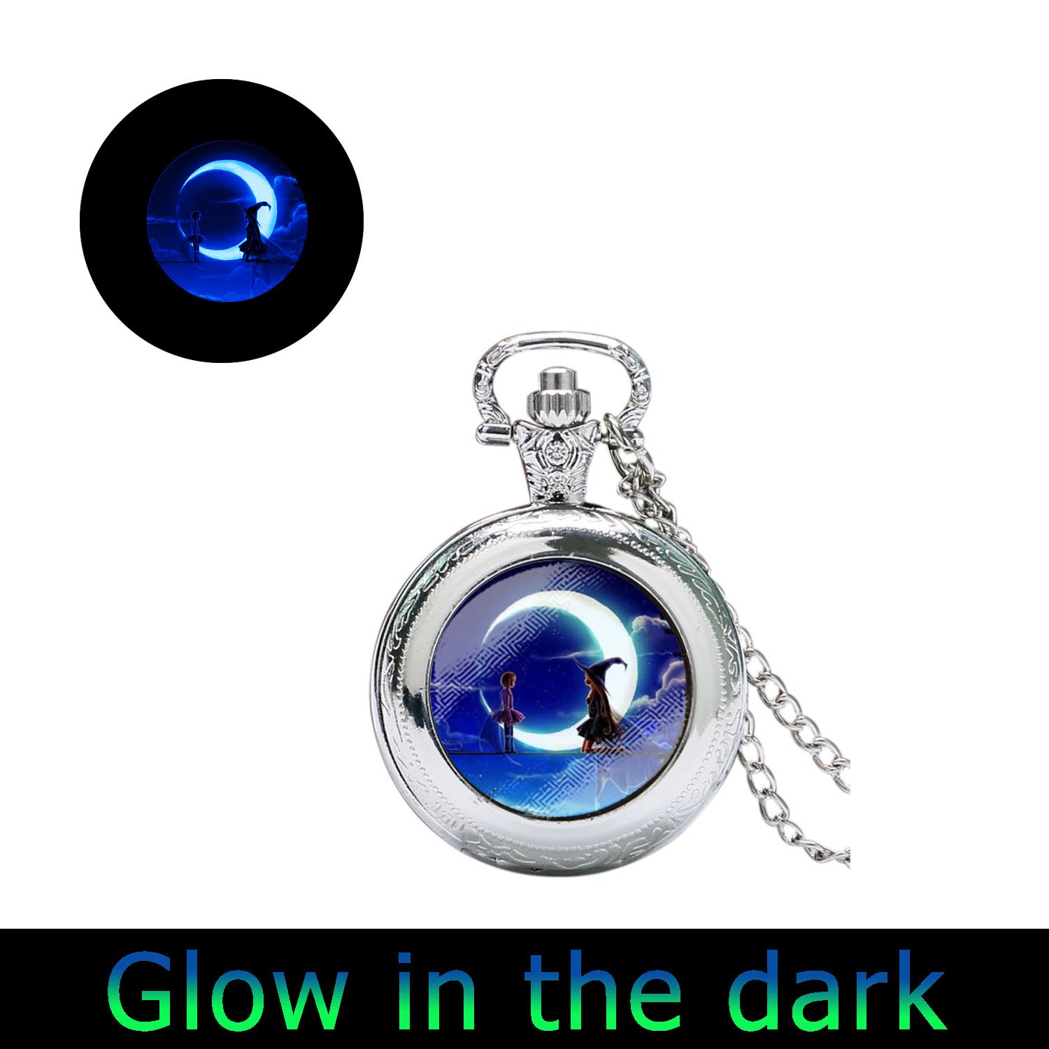 Glowlala Witch Watch Necklace - Bohemian Gypsy Moon Pendant Jewelry in Silver | Perfect for Halloween, Cosplay & Boho Fashion Accessories