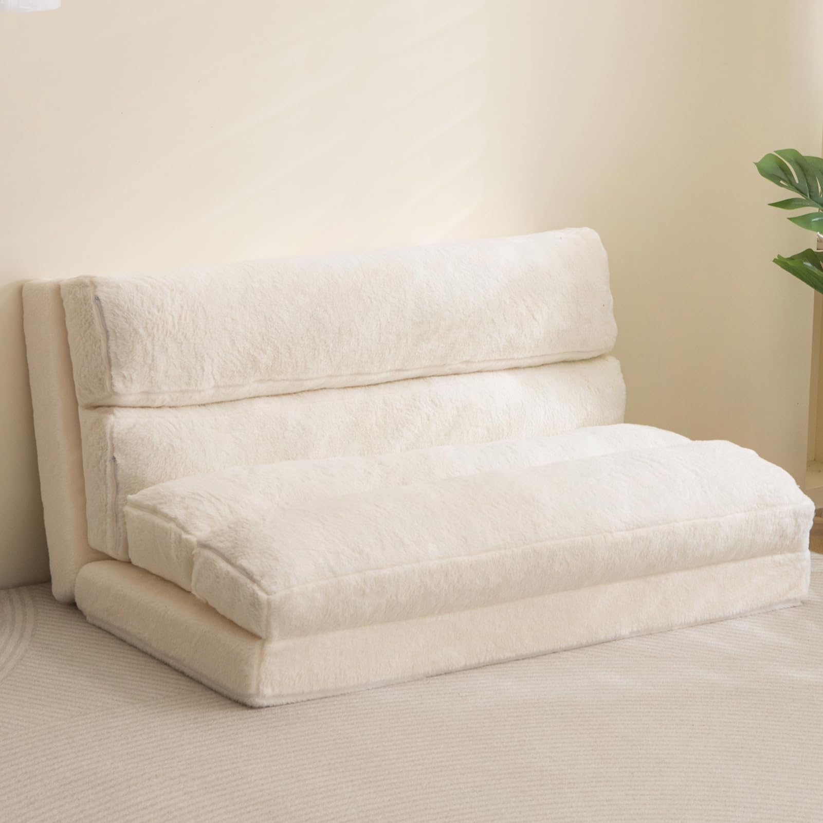 MAXYOYO Extra Wide Bean Bag Bed - Foldable Sofa Bed & Floor Mattress for Adults, Beige Floor Couch - Perfect for Living Room, Bedroom, Dorm & Guest Room