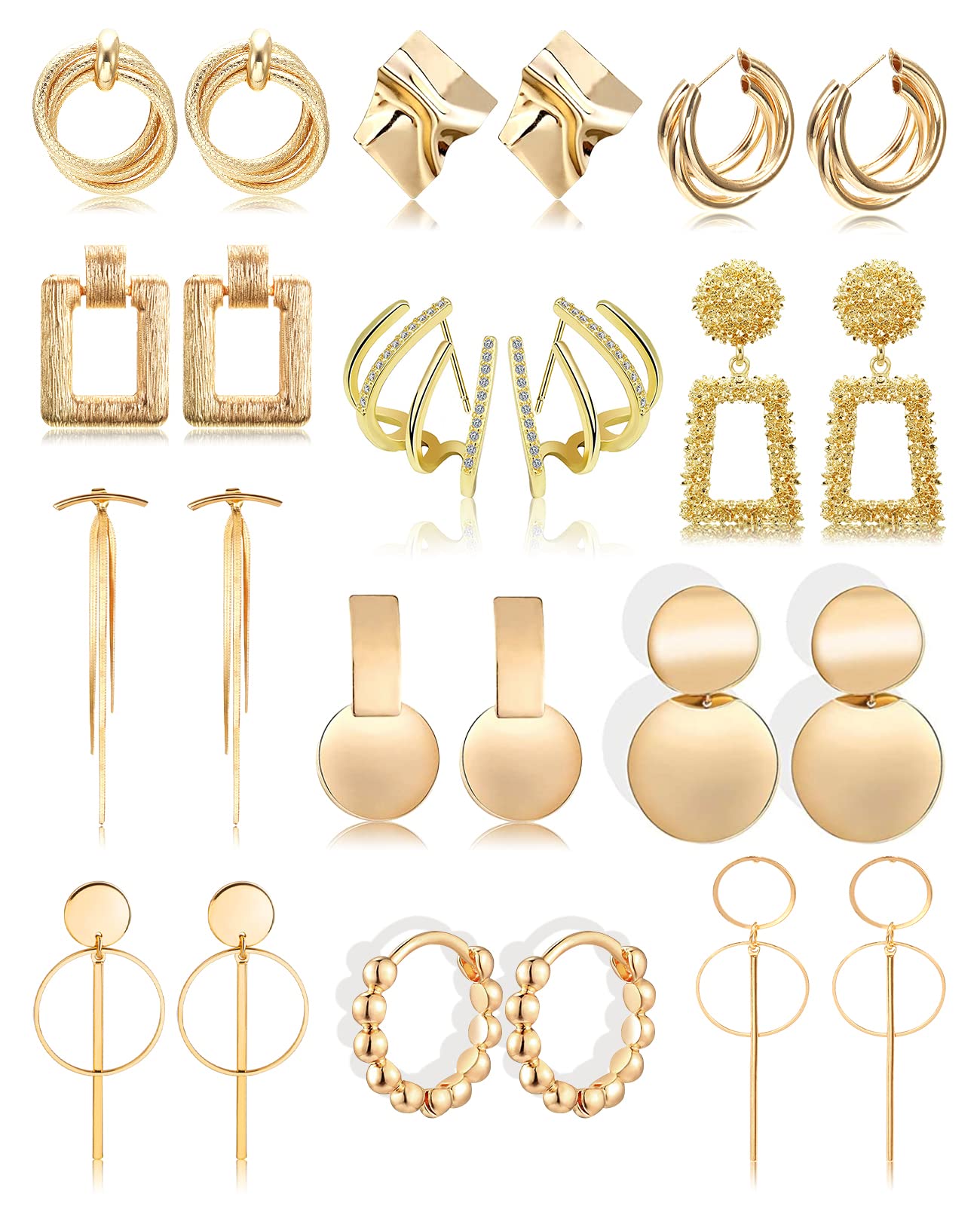 12 Pairs Statement Claw Hoop Earrings - Gold Bead Bar Tassel Drop Dangle Earrings for Women | Big Geometric Retro Earrings for Girls | Hypoallergenic Jewelry Gift for Birthday, Party & Everyday Wear