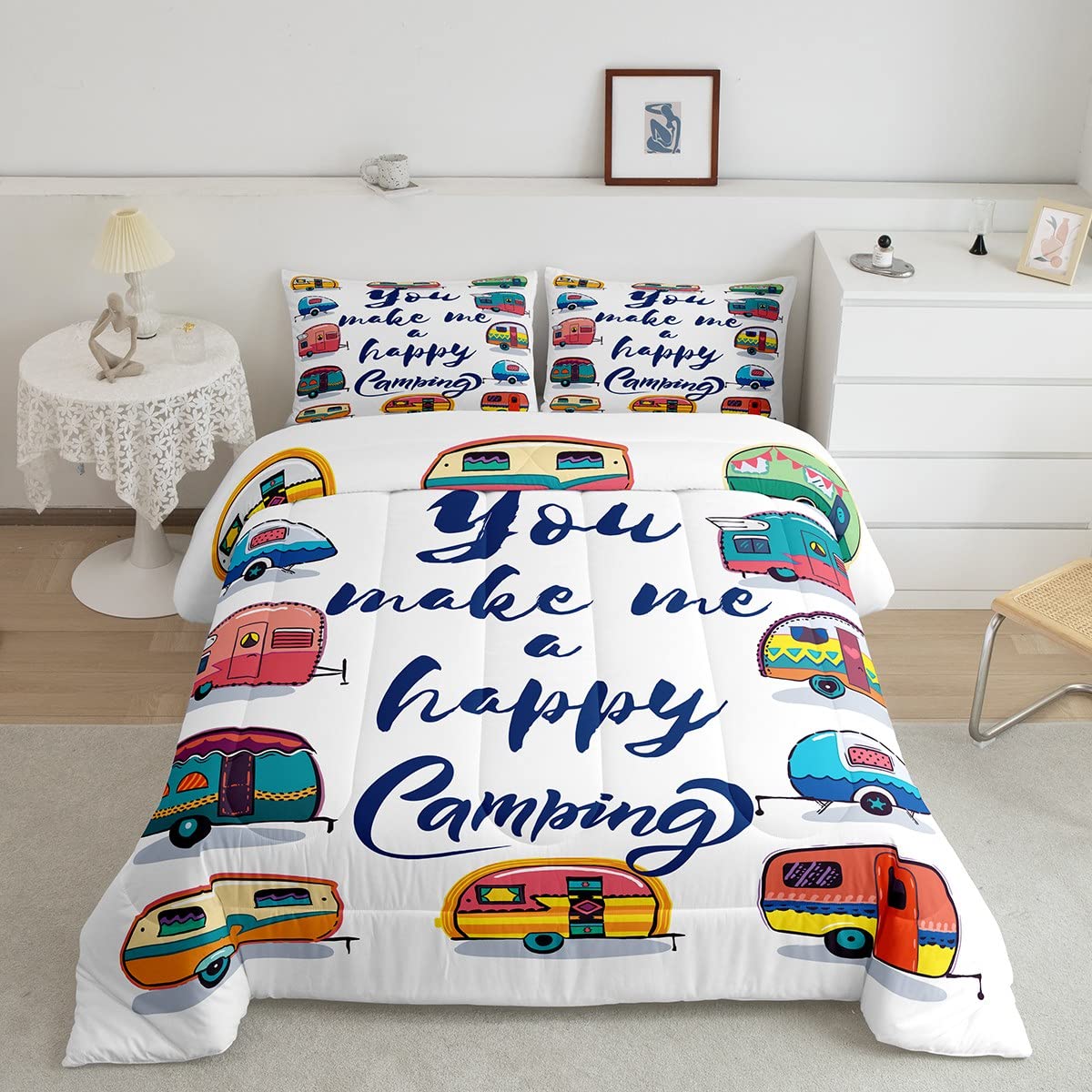 Happy Camping Twin Comforter Set - Retro Travel Themed Quilted Bedding for Kids, RV, Trailers & Caravans | Cozy Down Alternative Comforter with 2 Pillowcases | Perfect for Camping Trips & Road Adventures